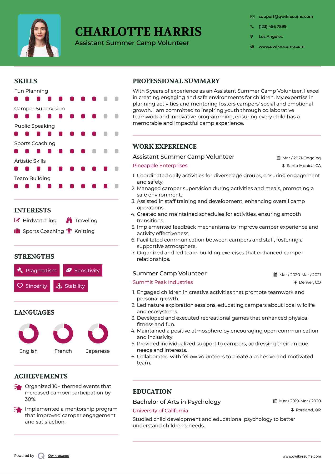 Assistant Summer Camp Volunteer Resume Model