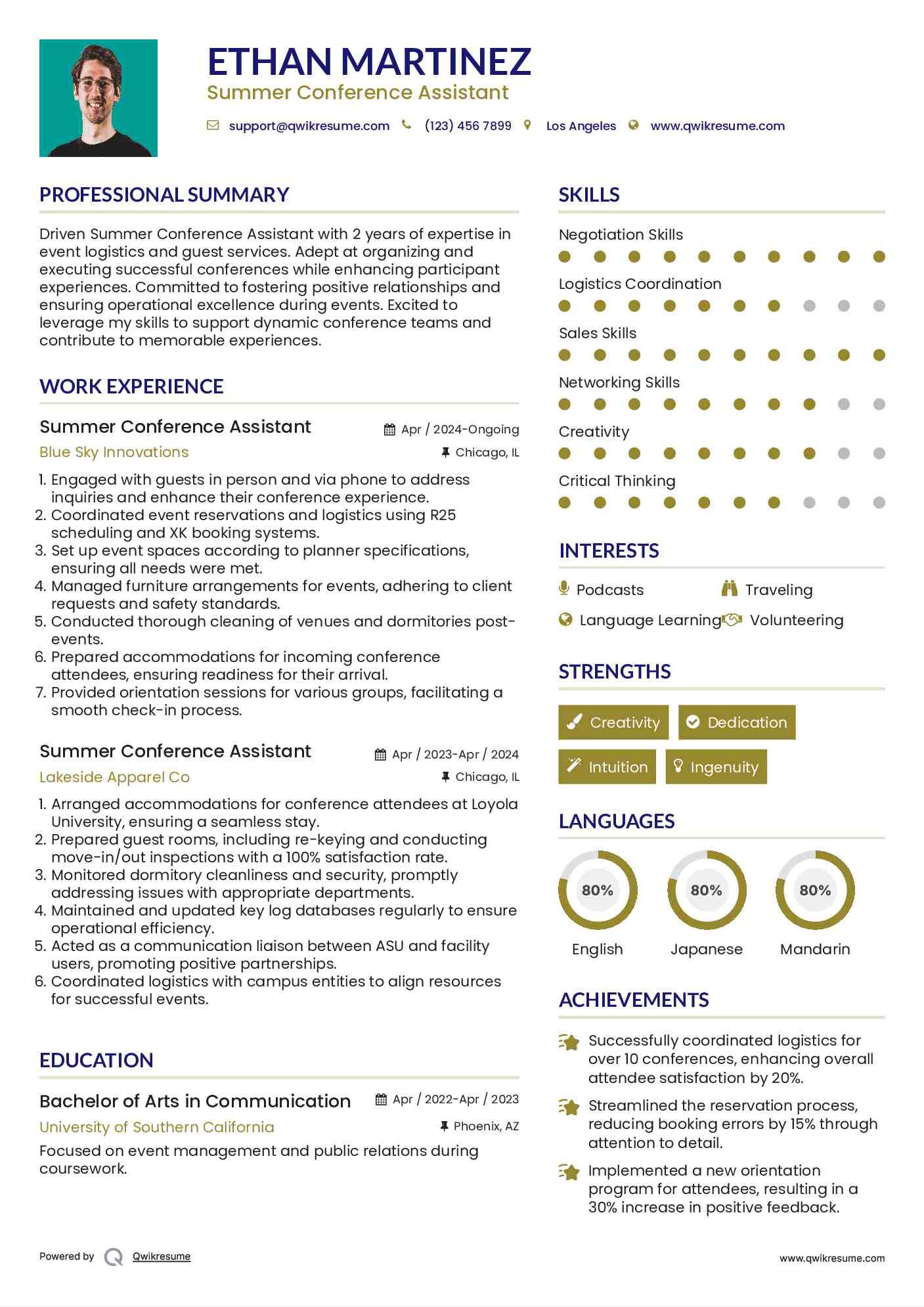 Summer Conference Assistant Resume Example