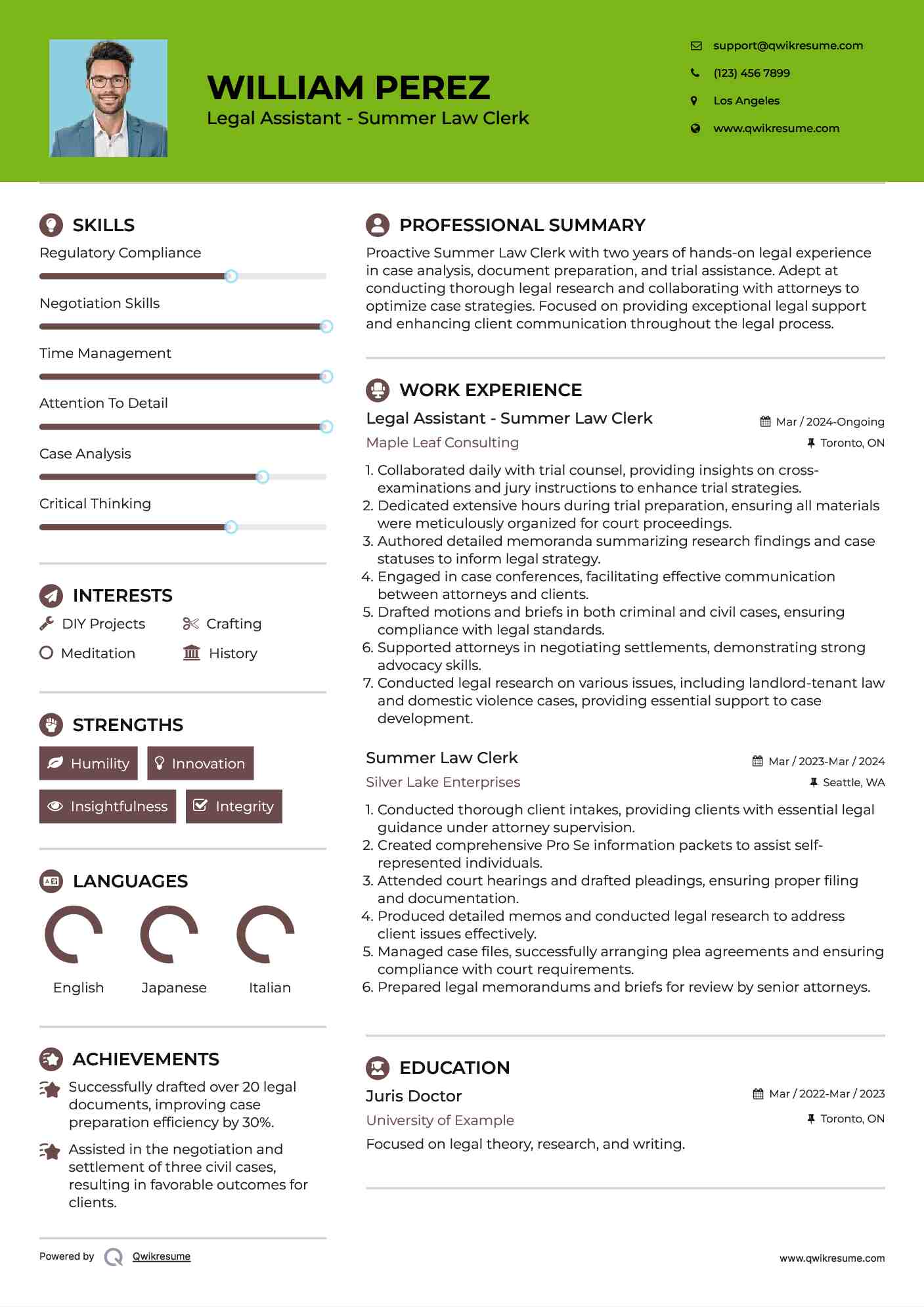 Legal Assistant - Summer Law Clerk Resume Template
