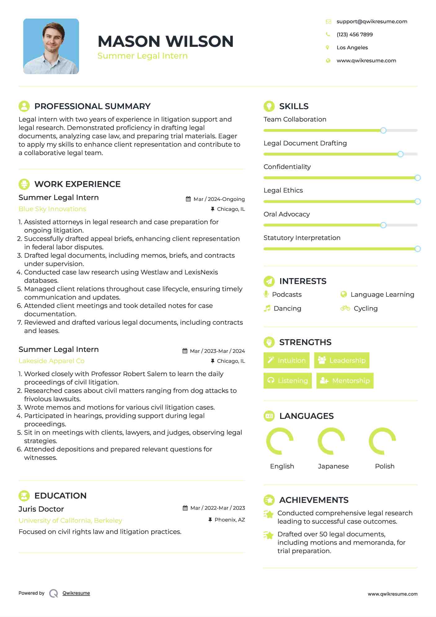 Summer Legal Intern Resume Template