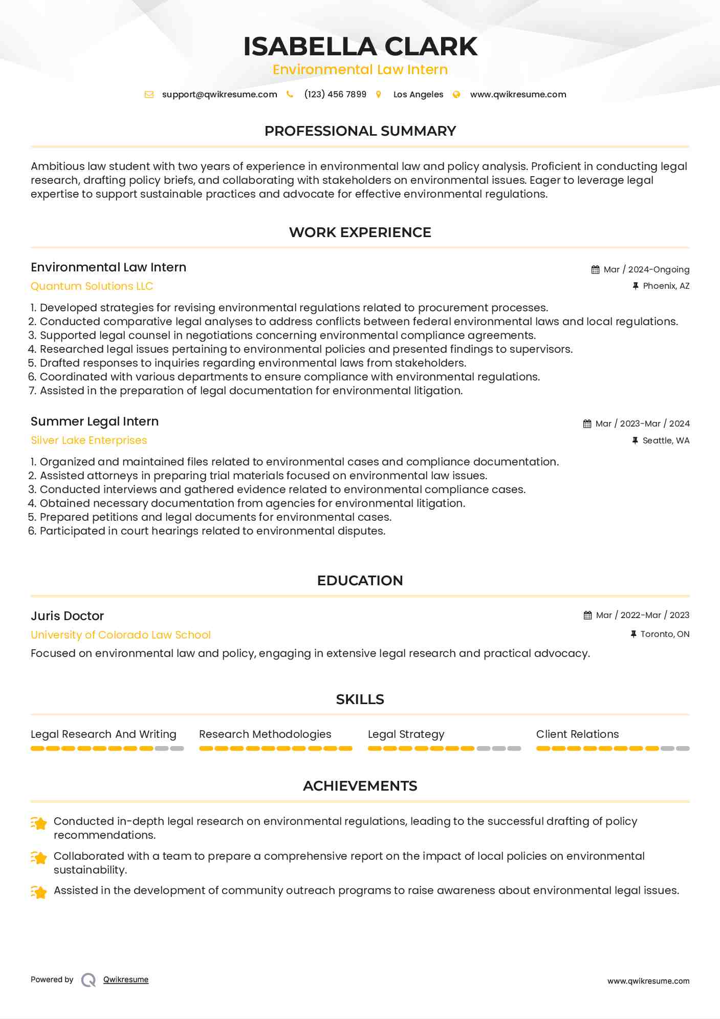 Environmental Law Intern Resume Format