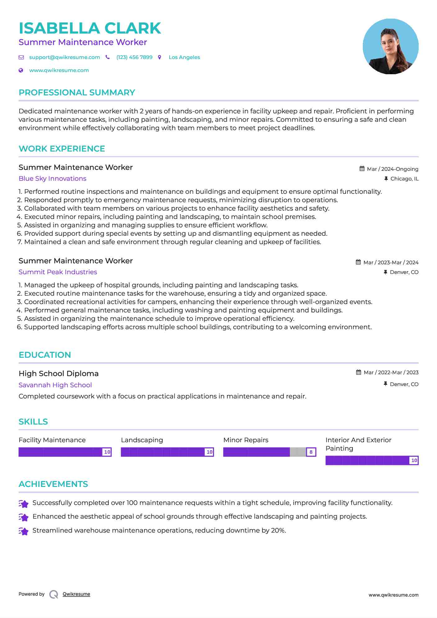 Summer Maintenance Worker Resume Example