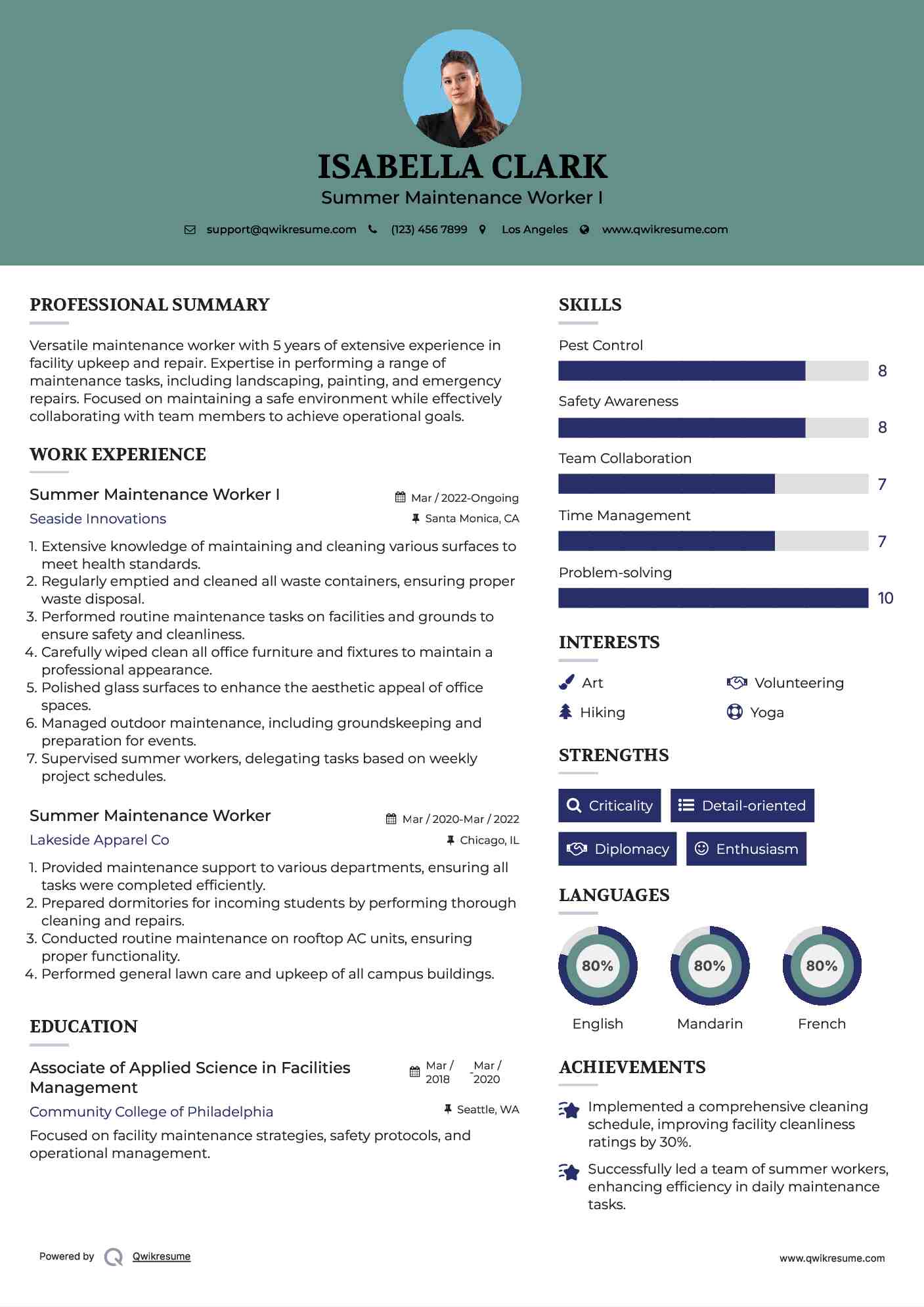 Summer Maintenance Worker I
 Resume Model