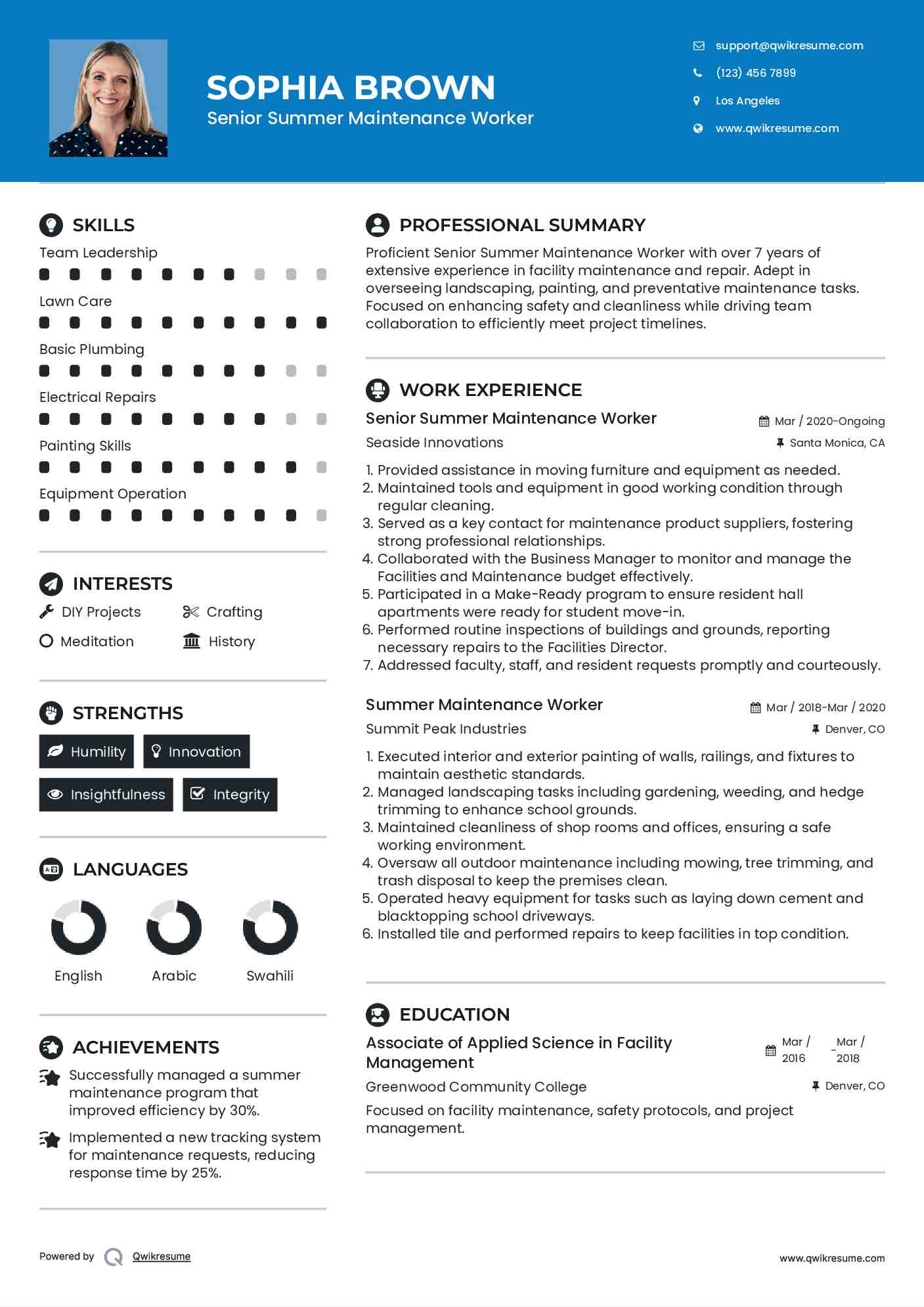 Senior Summer Maintenance Worker Resume Sample