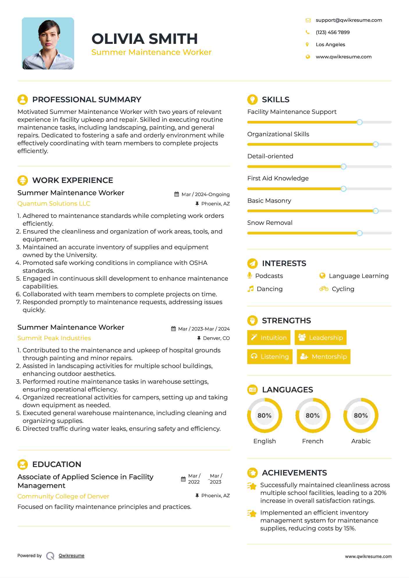 Summer Maintenance Worker Resume Example