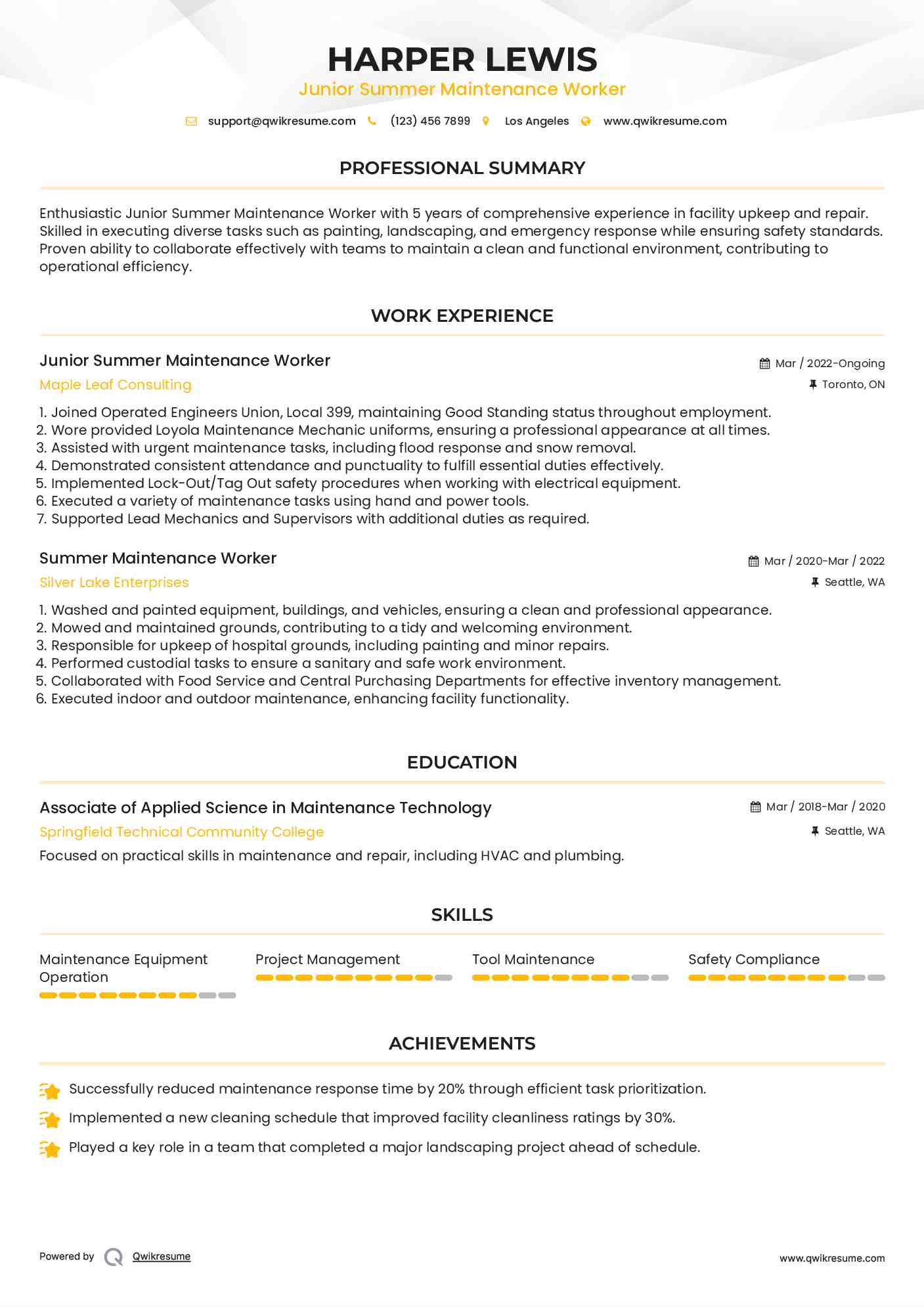 Junior Summer Maintenance Worker Resume Template