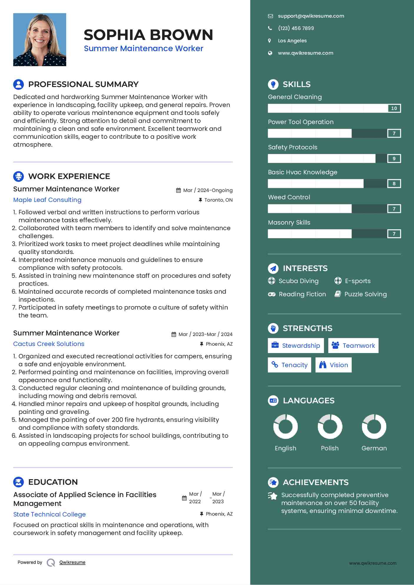 Summer Maintenance Worker Resume Model