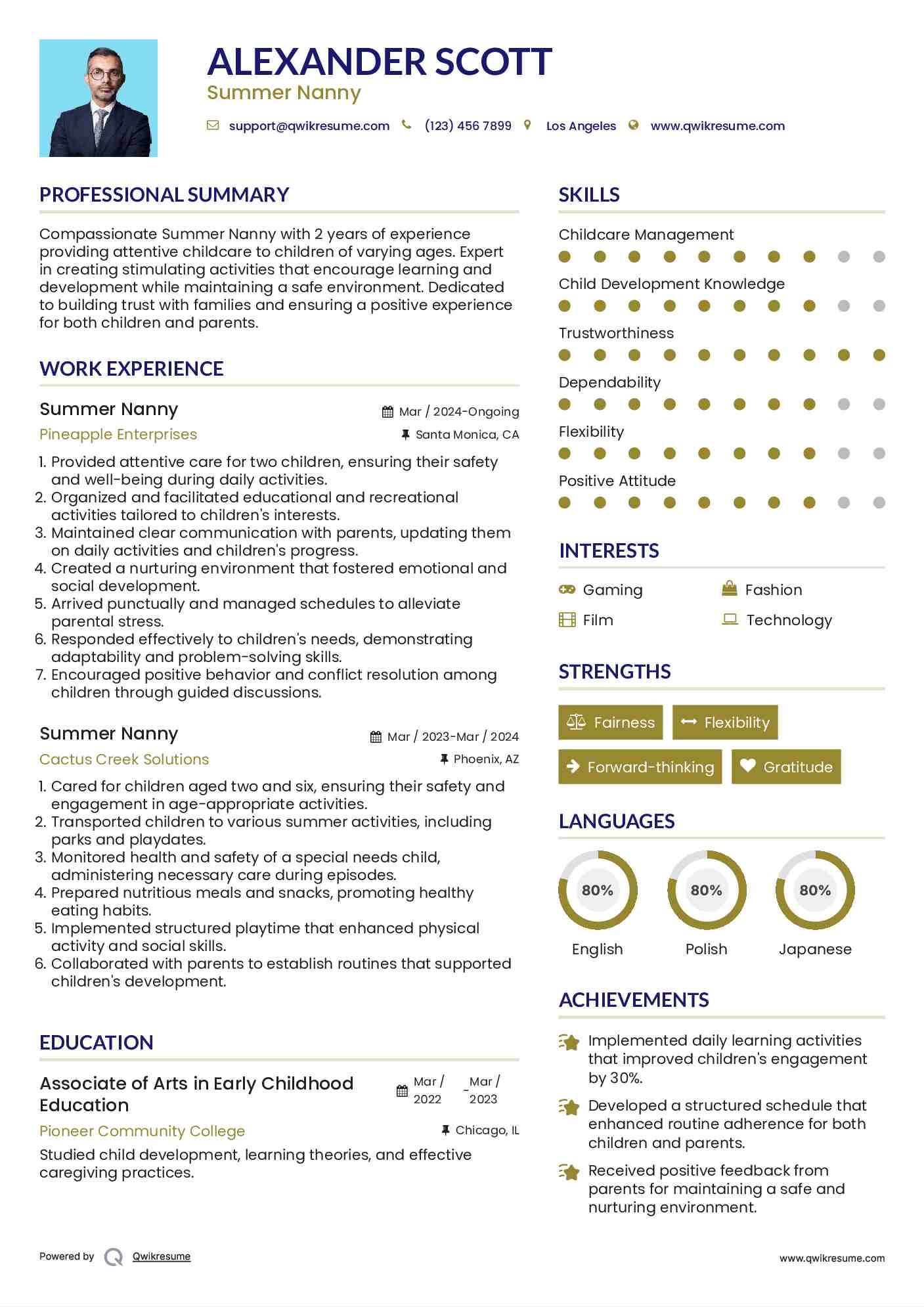 Summer Nanny Resume Sample