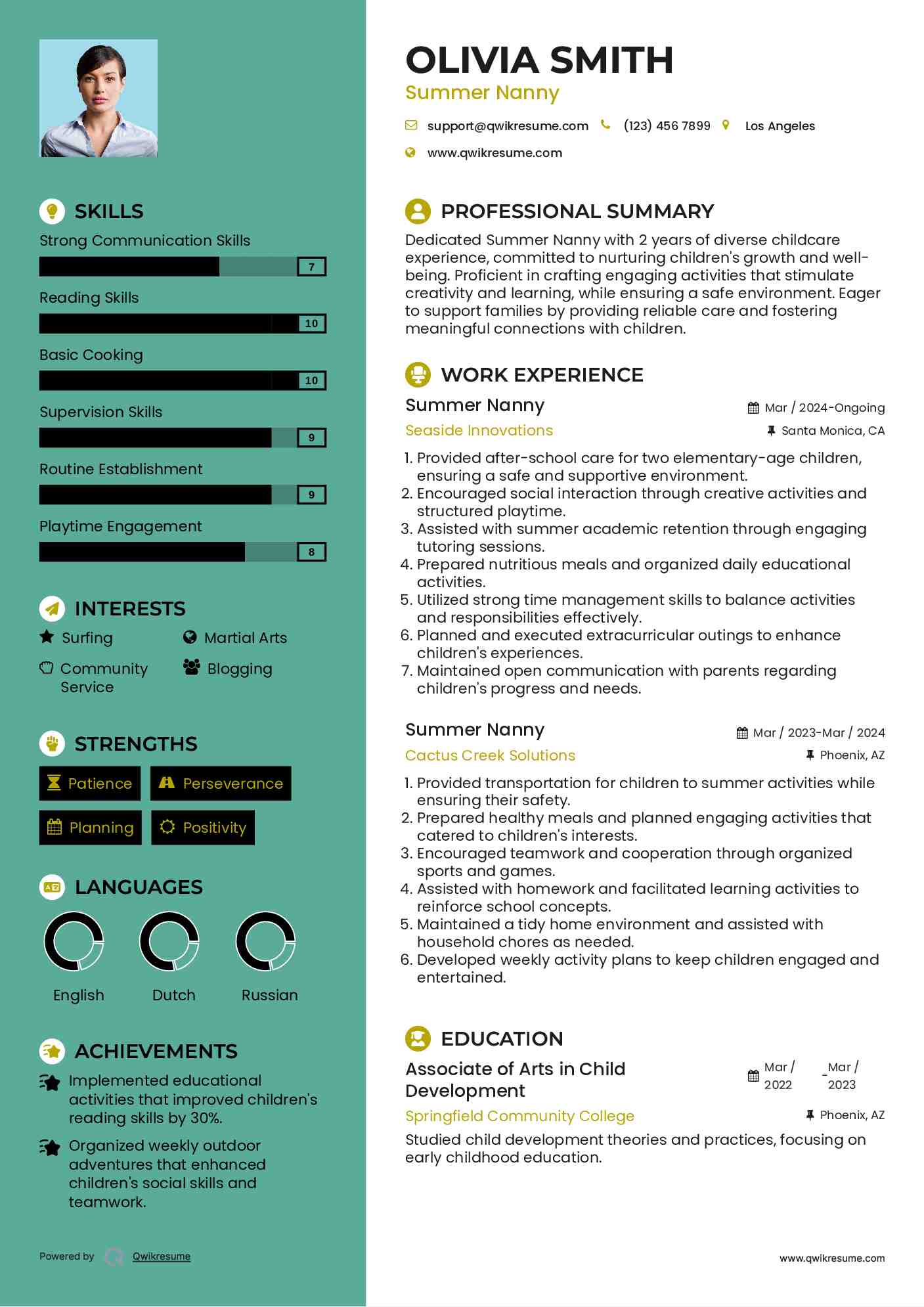 Summer Nanny Resume Sample