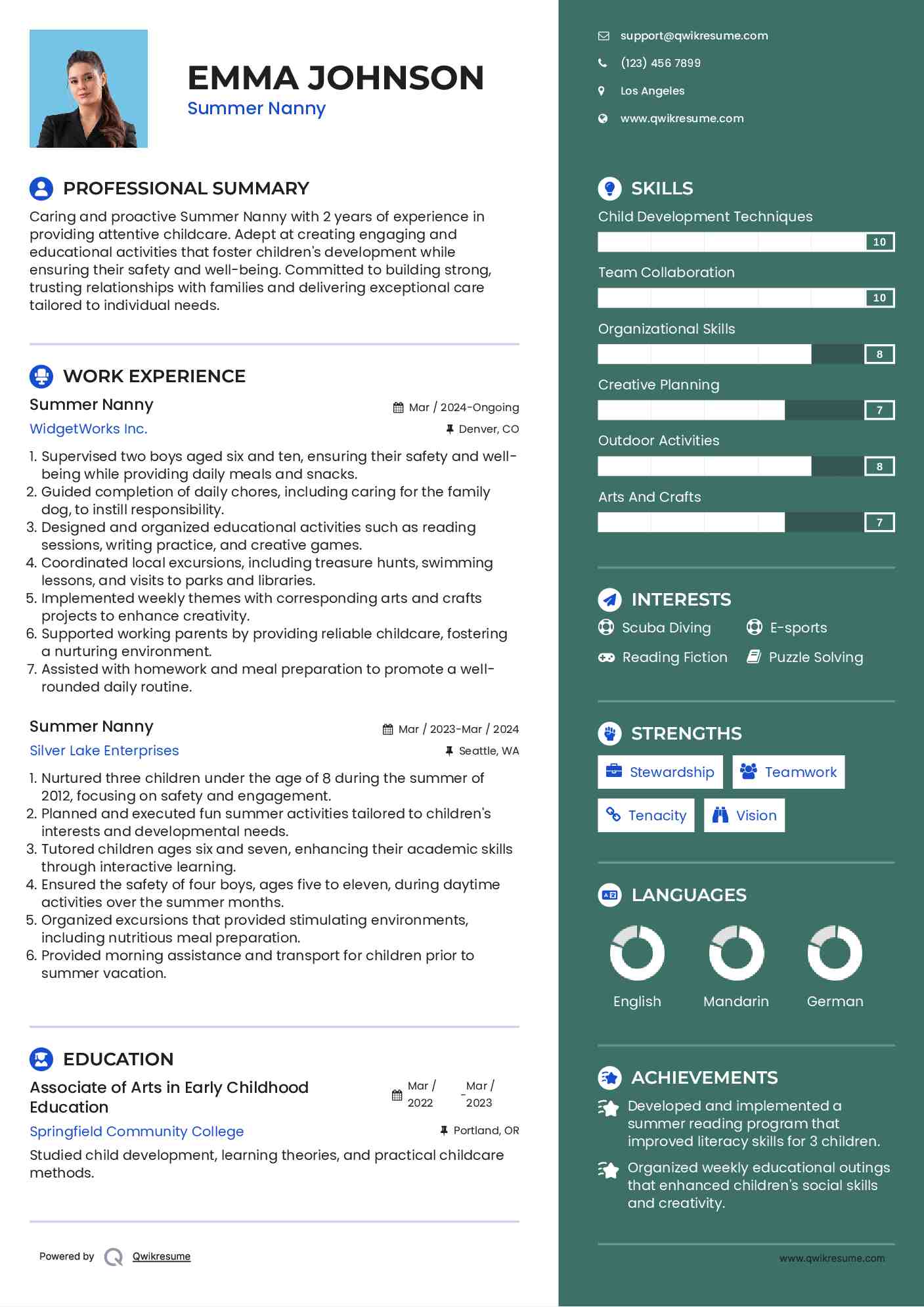 Summer Nanny Resume Model