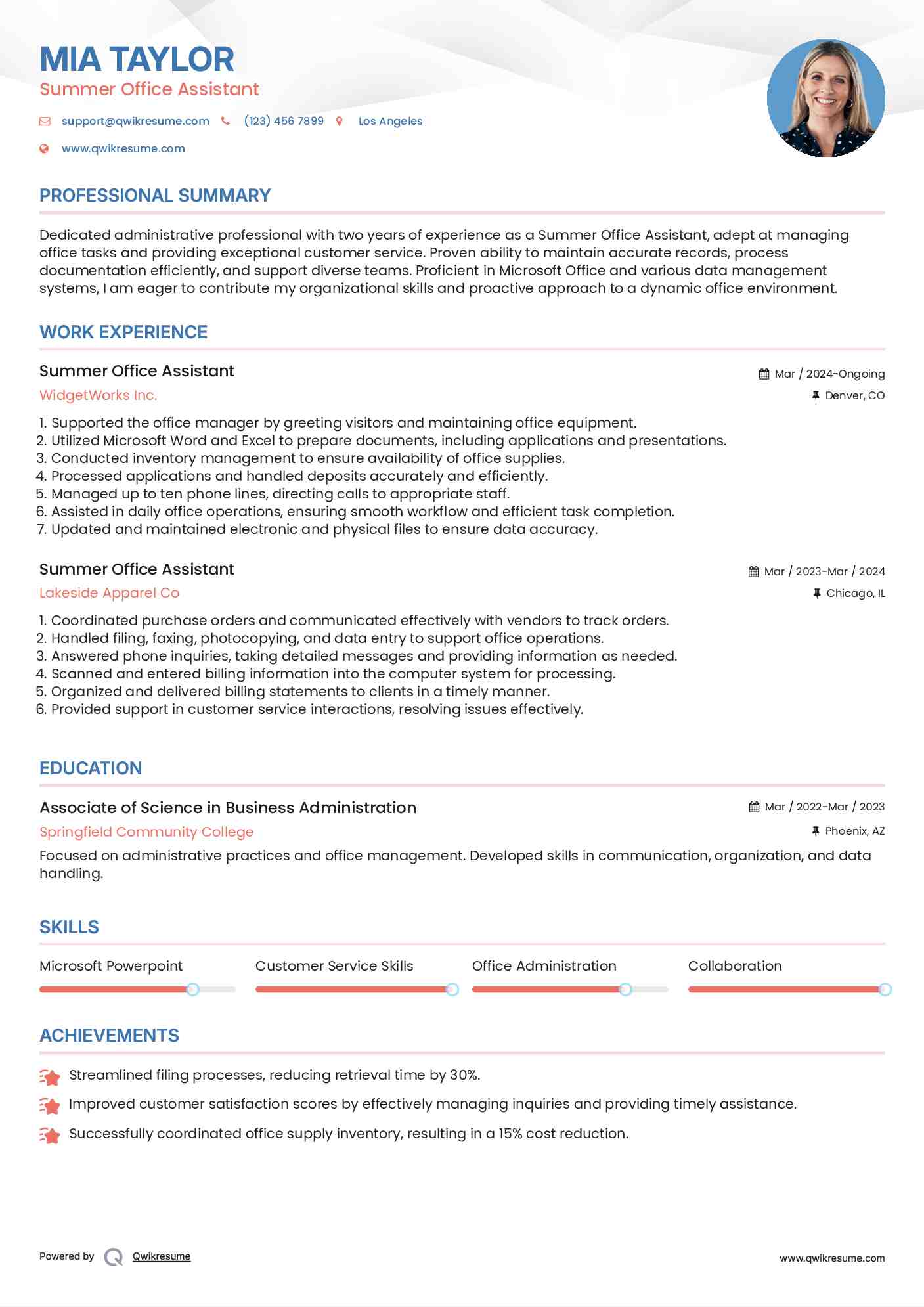 Summer Office Assistant Resume Format