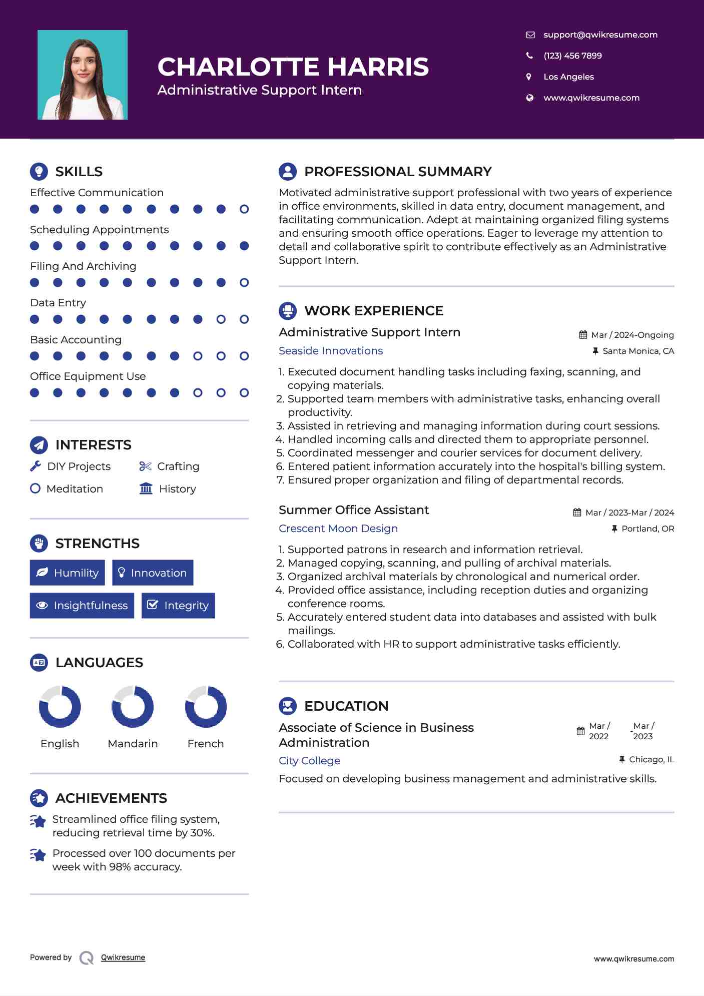 Administrative Support Intern Resume Model