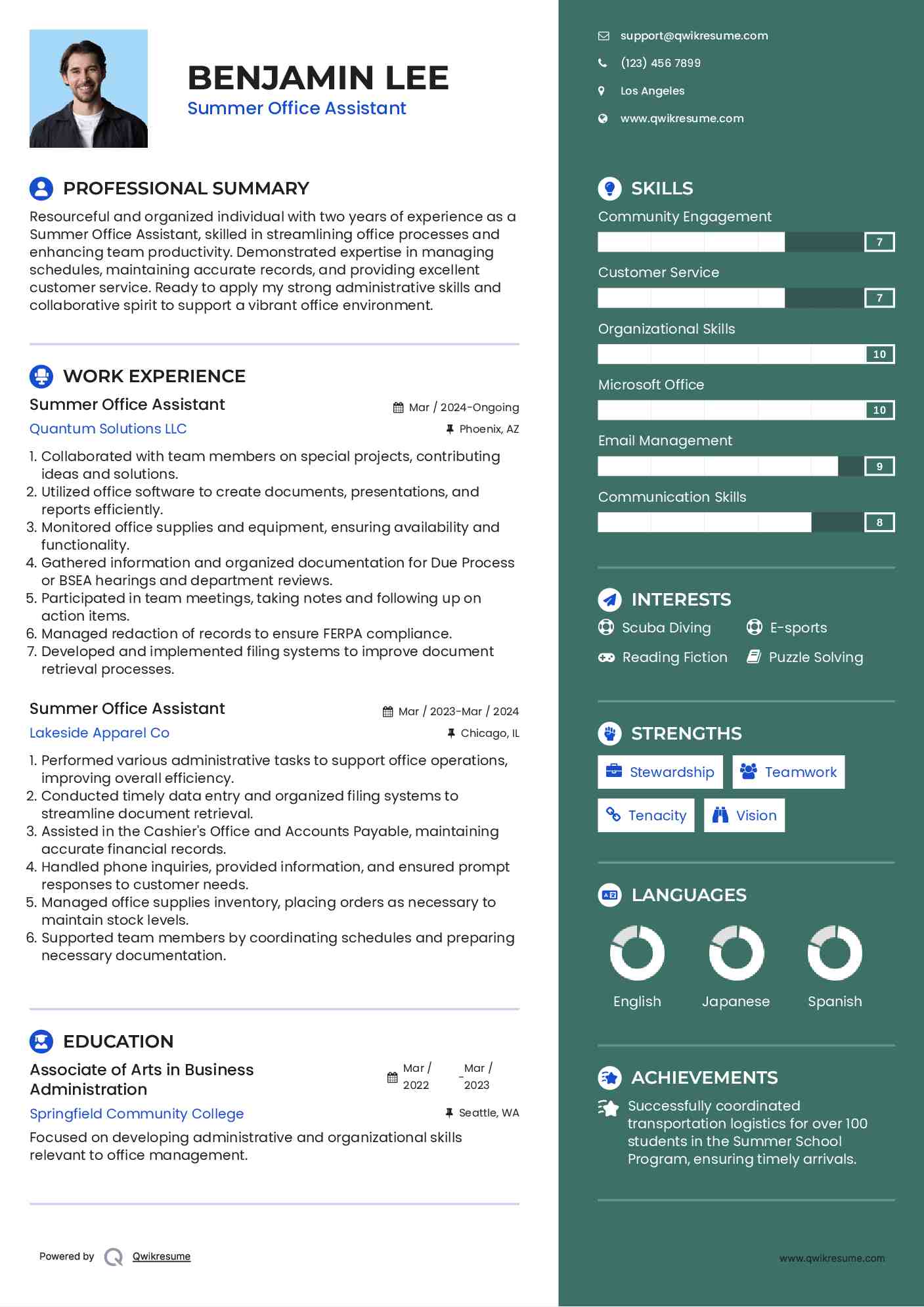 Summer Office Assistant Resume Model