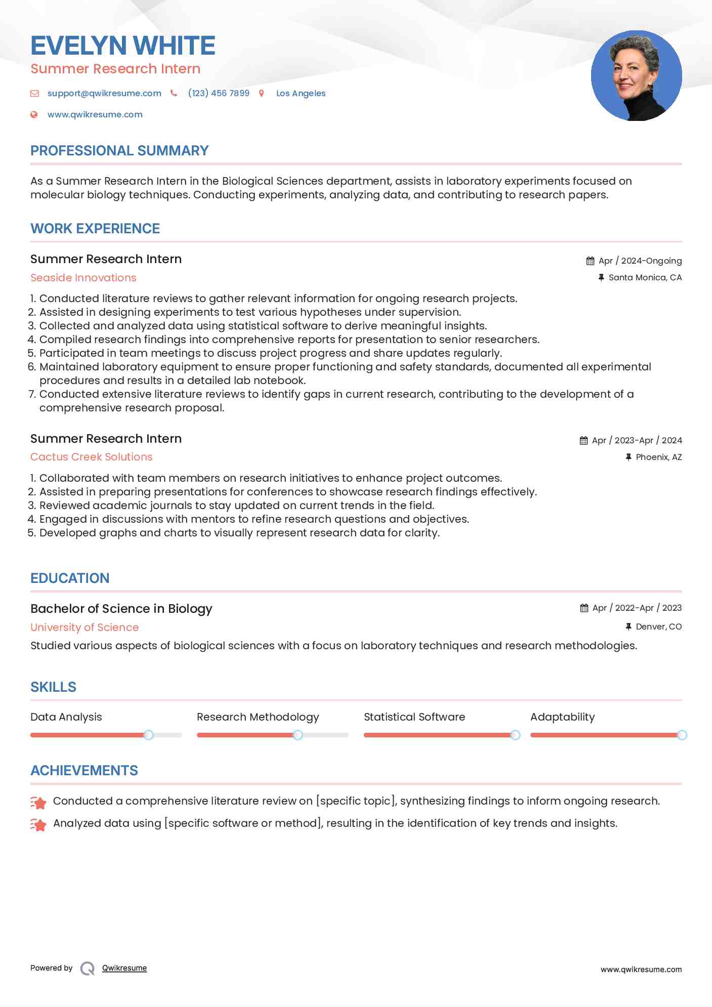 Summer Research Intern Resume Example