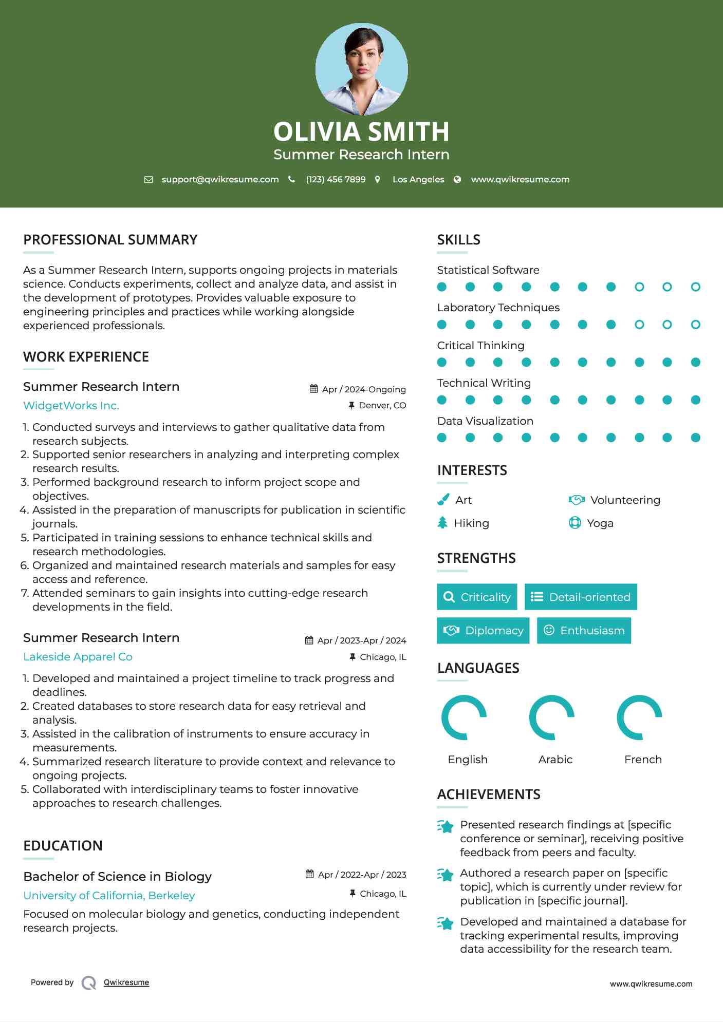 Summer Research Intern Resume Sample