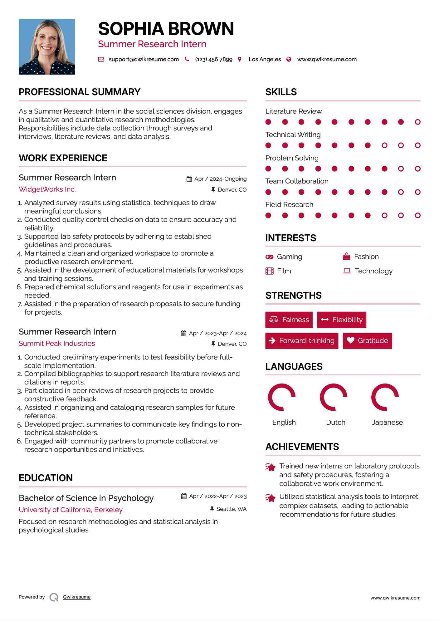 Summer Research Intern Resume Format