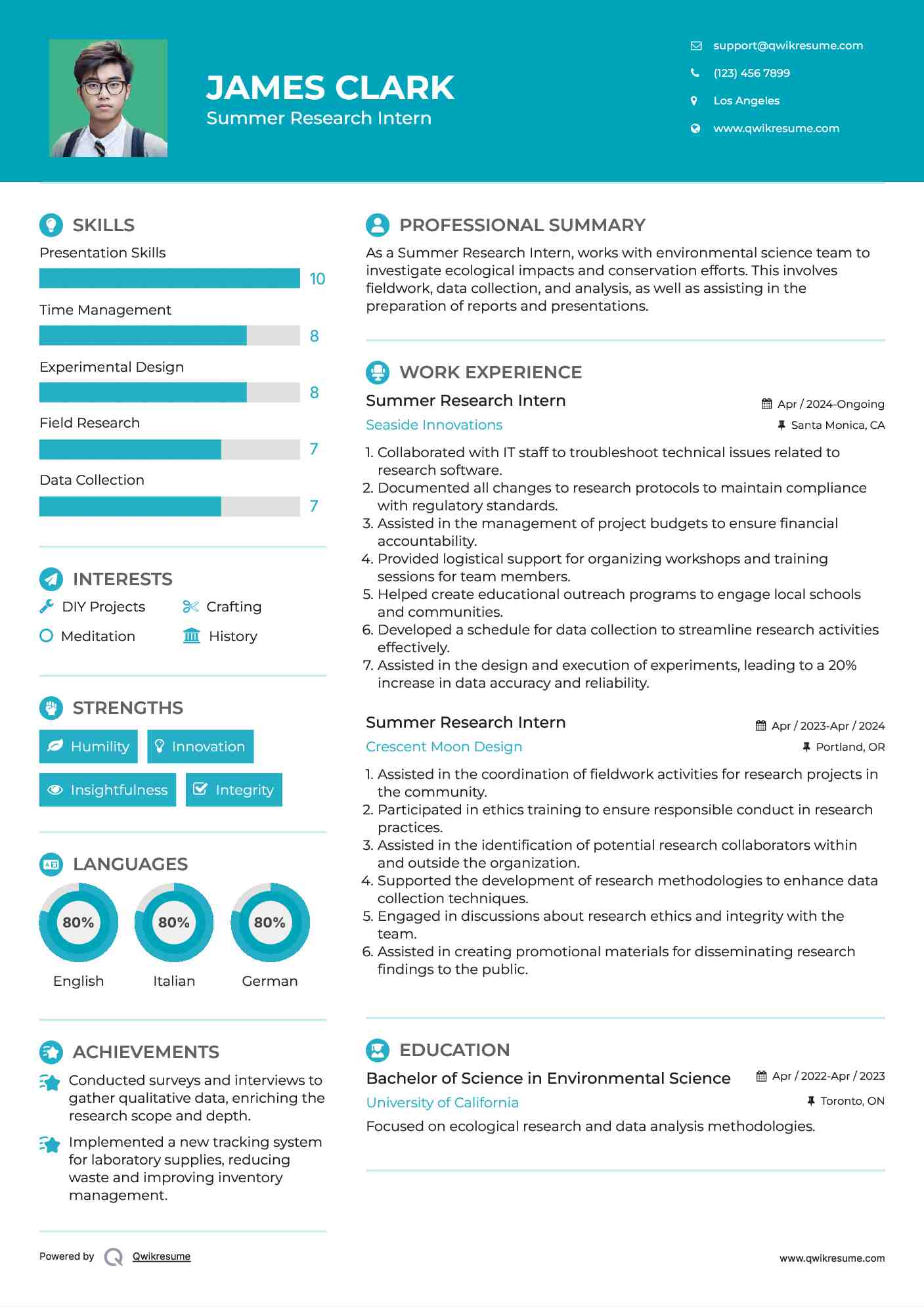 Summer Research Intern Resume Sample