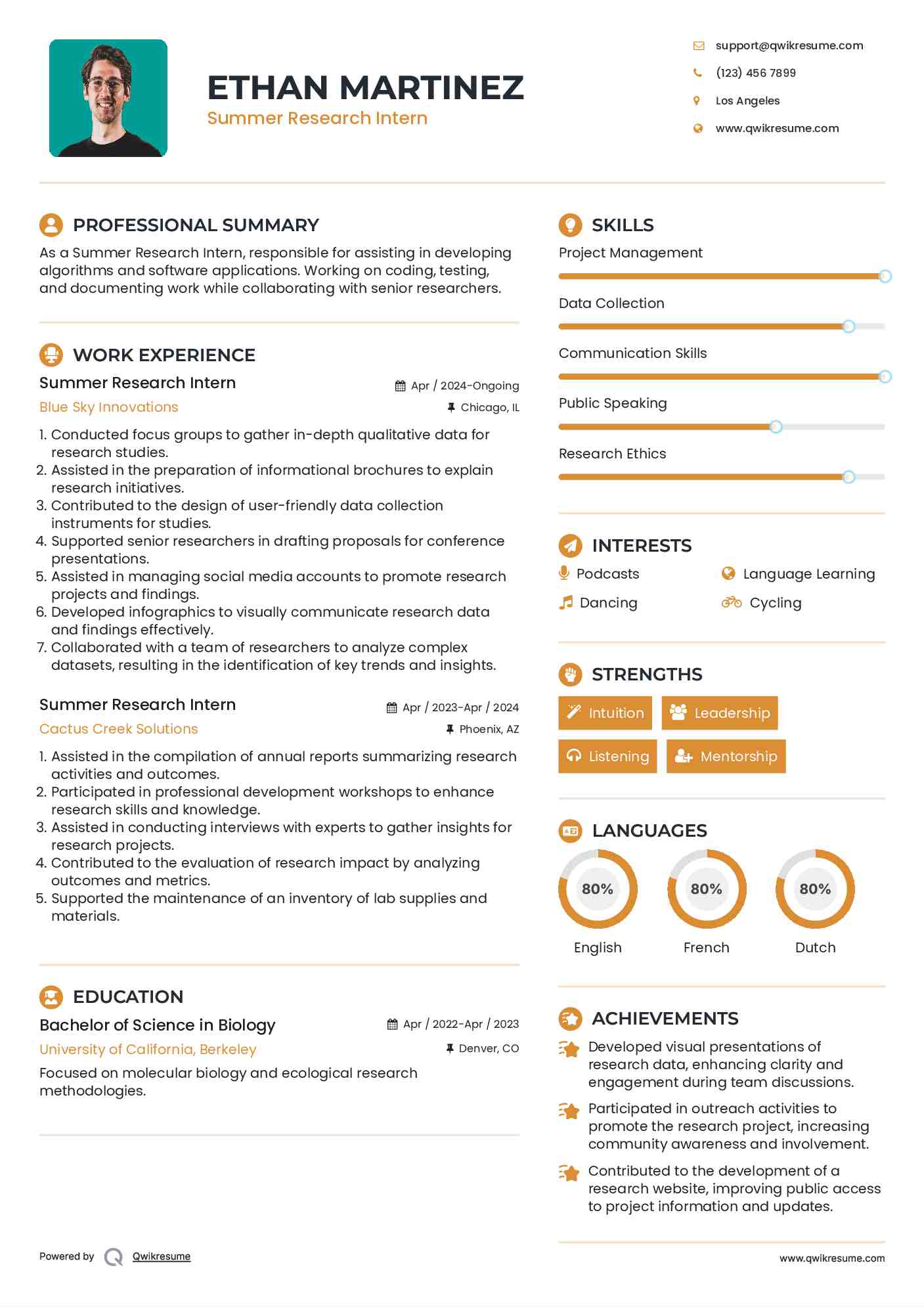 Summer Research Intern Resume Format