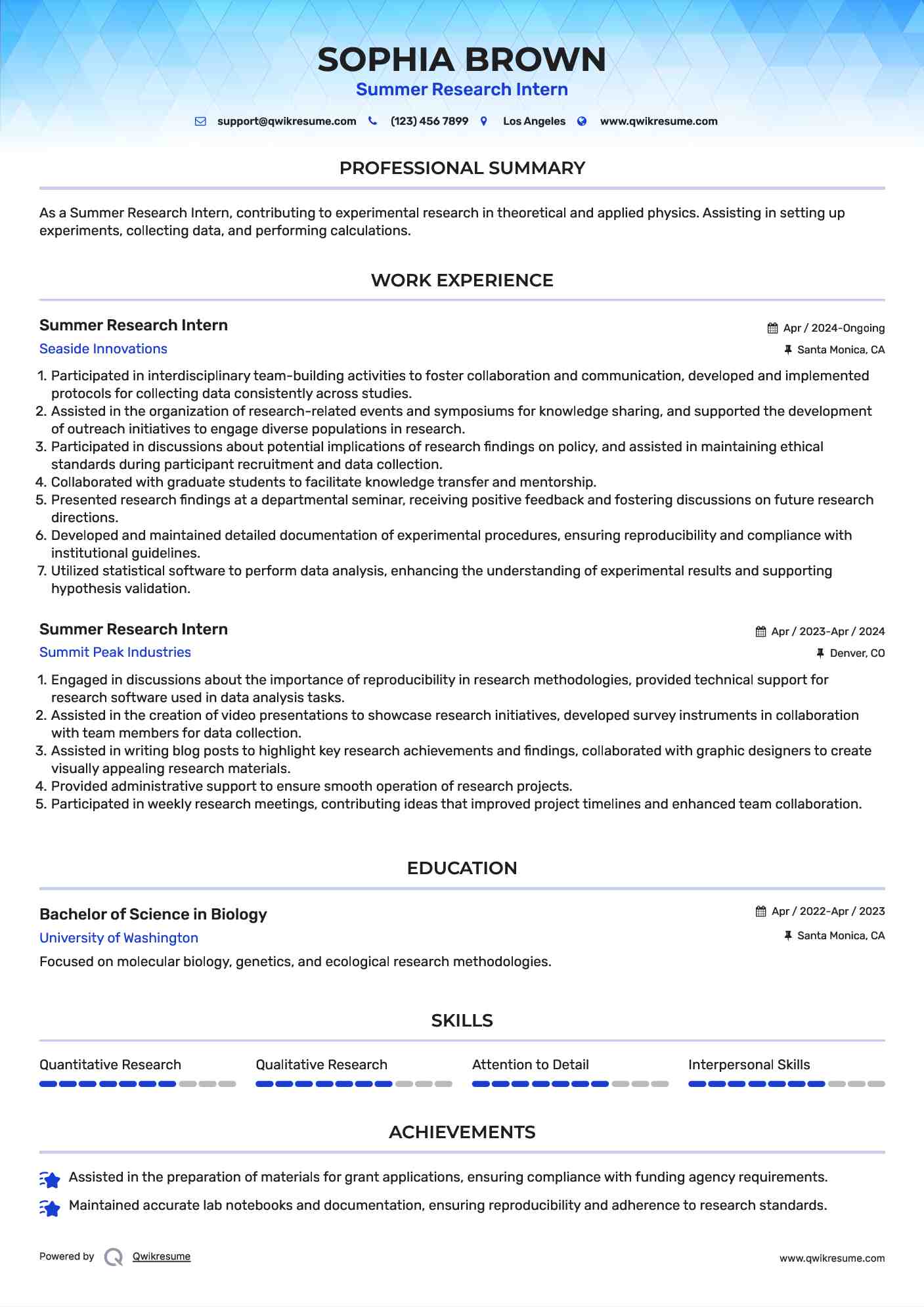 Summer Research Intern Resume Template