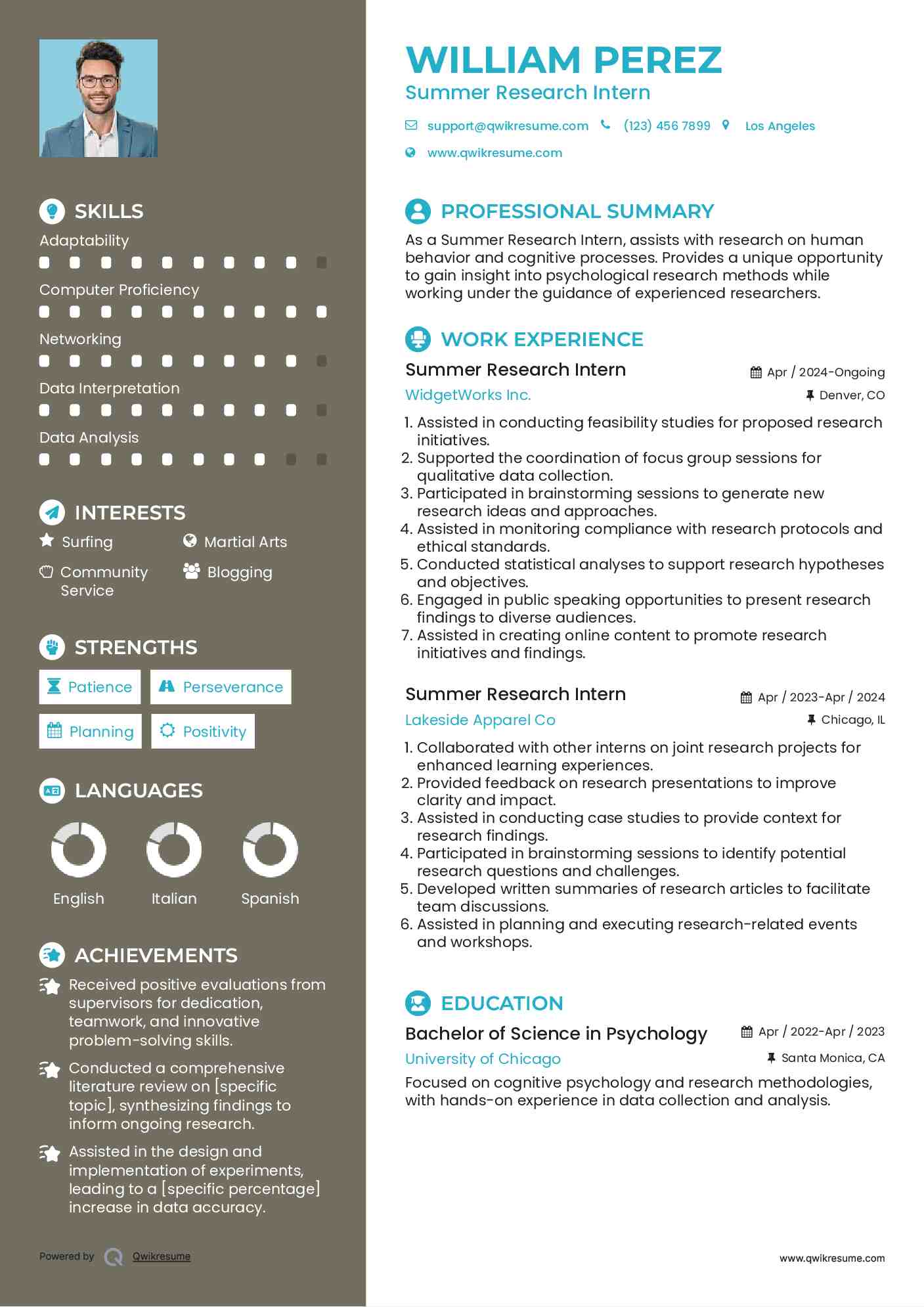 Summer Research Intern Resume Sample