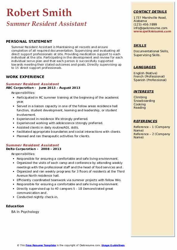 Summer Resident Assistant Resume Samples QwikResume