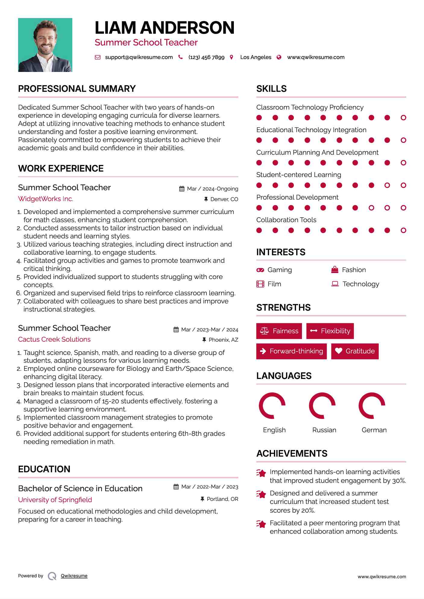 Summer School Teacher Resume Model