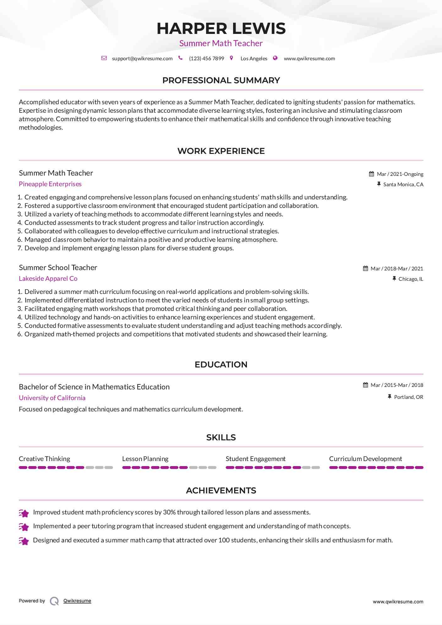 Summer Math Teacher Resume Format