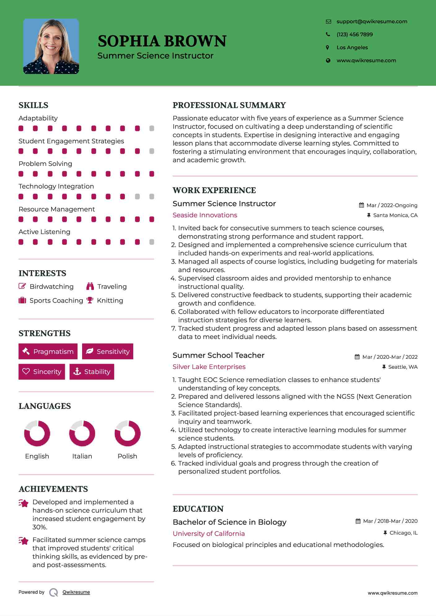 Summer Science Instructor Resume Example