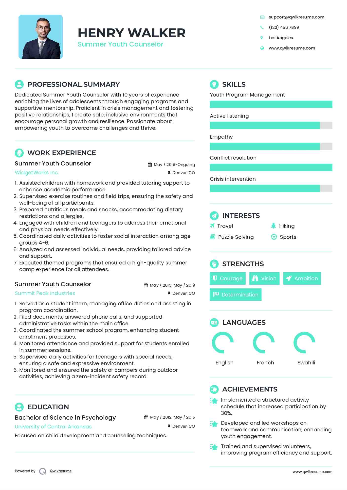 Summer Youth Counselor Resume Model