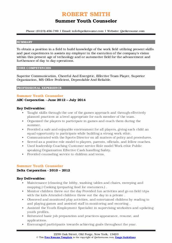 Summer Youth Counselor Resume Samples QwikResume
