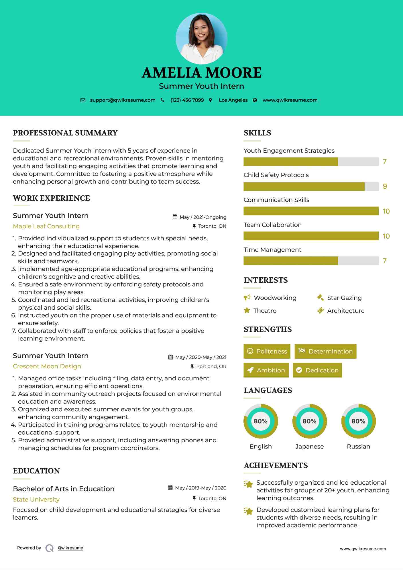 Summer Youth Intern Resume Example