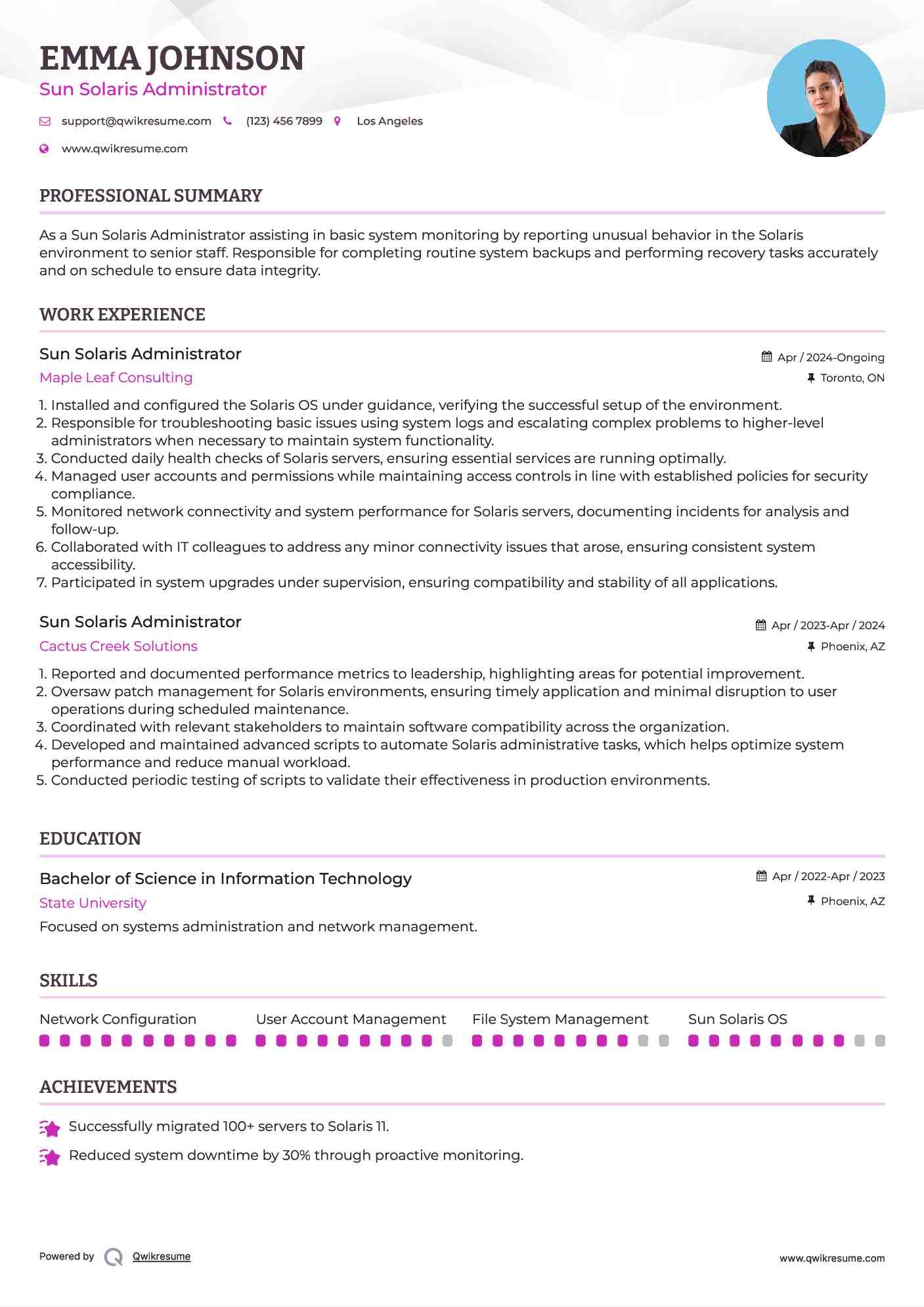 Sun Solaris Administrator Resume Example