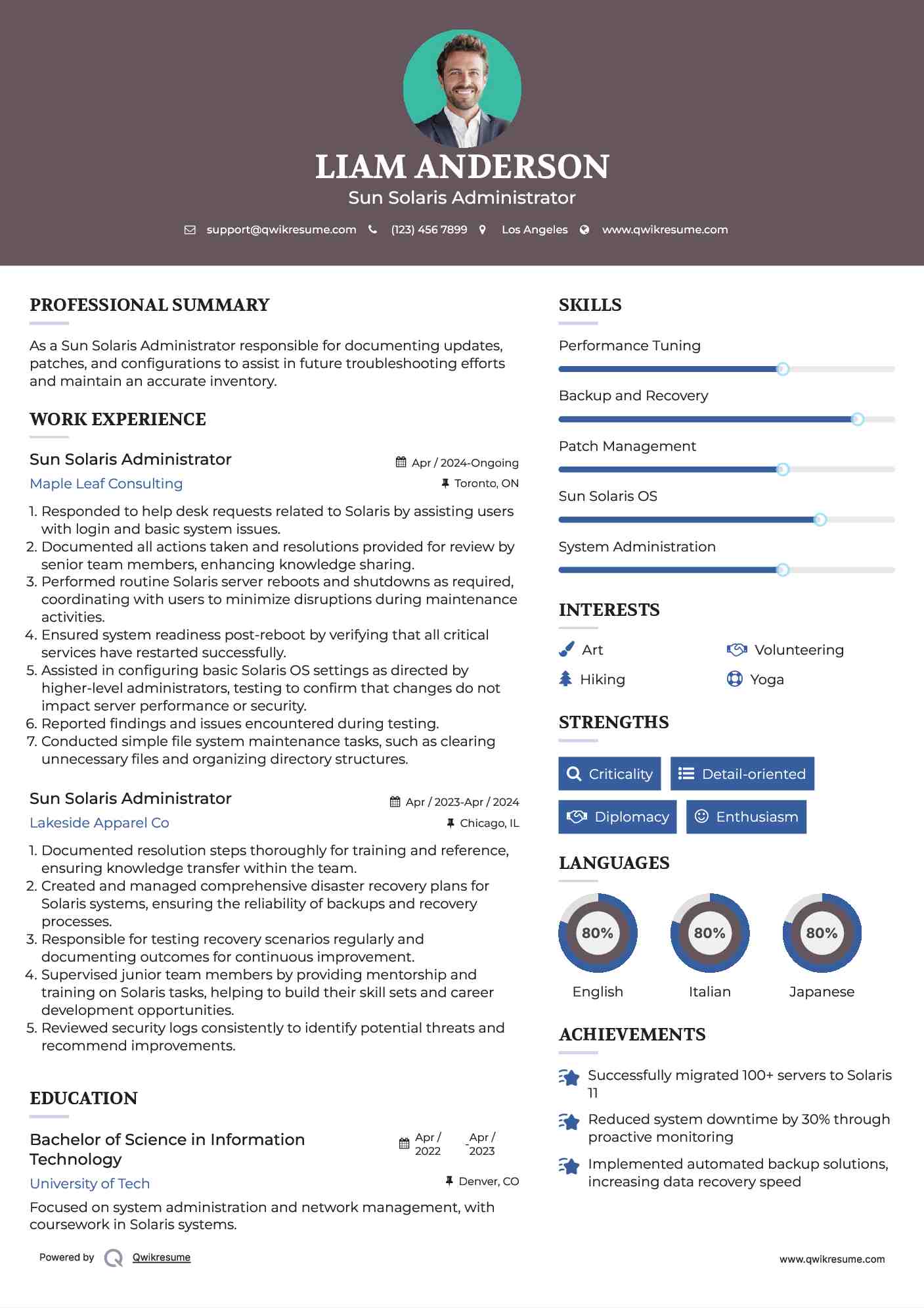 Sun Solaris Administrator Resume Example