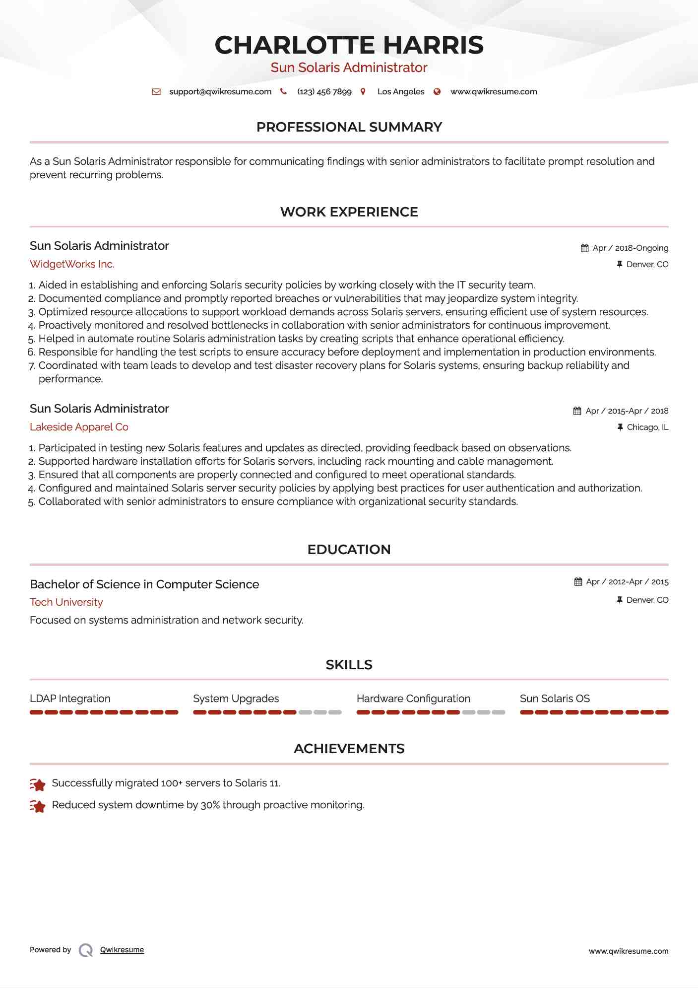 Sun Solaris Administrator Resume Example