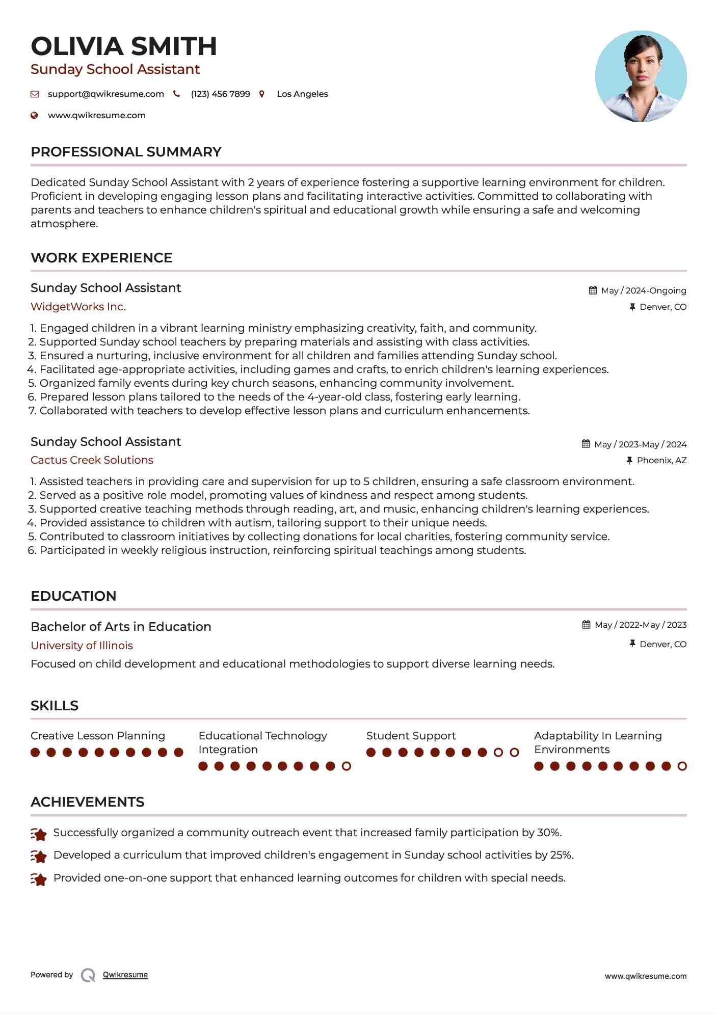 Sunday School Assistant Resume Format