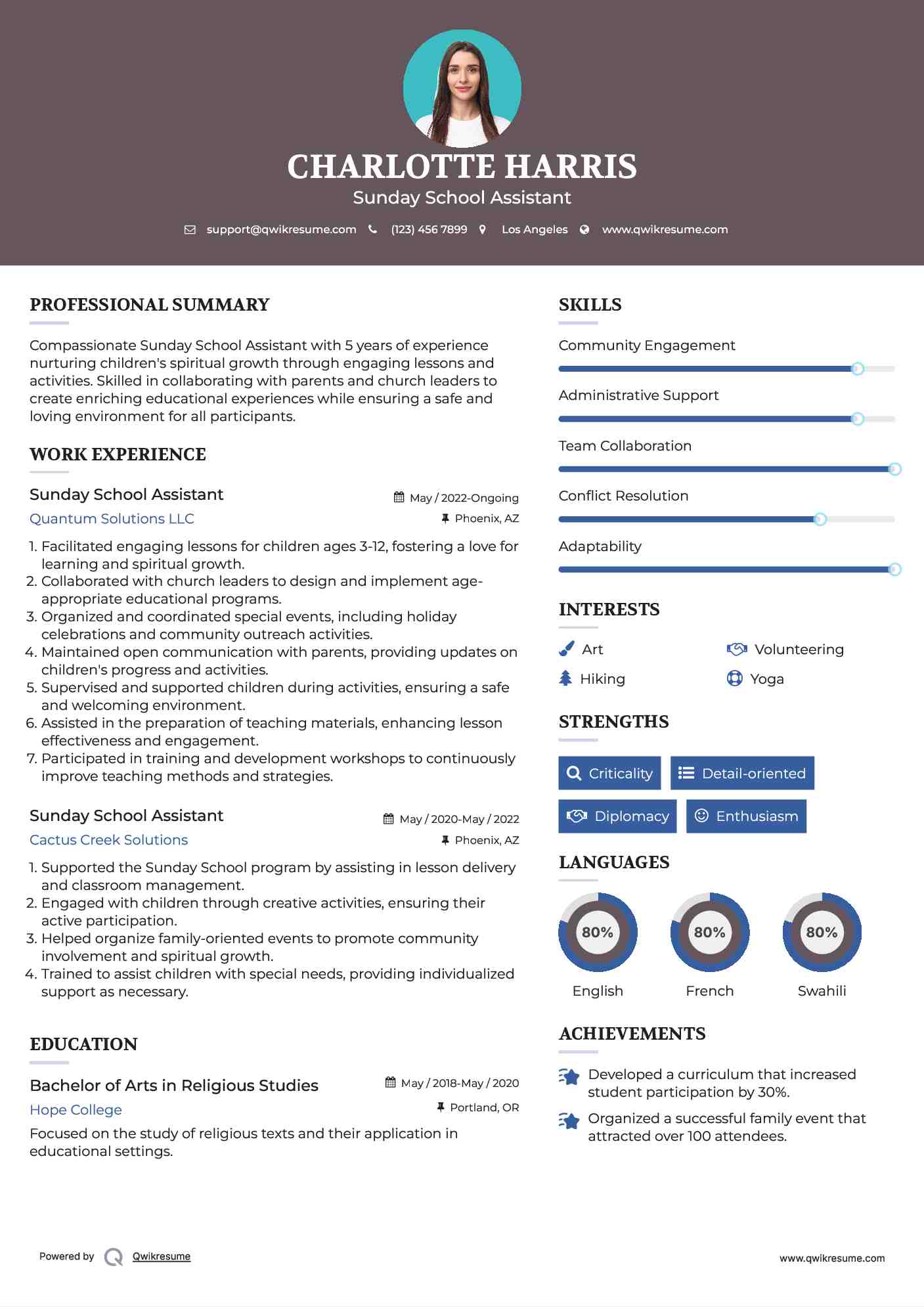 Sunday School Assistant Resume Example