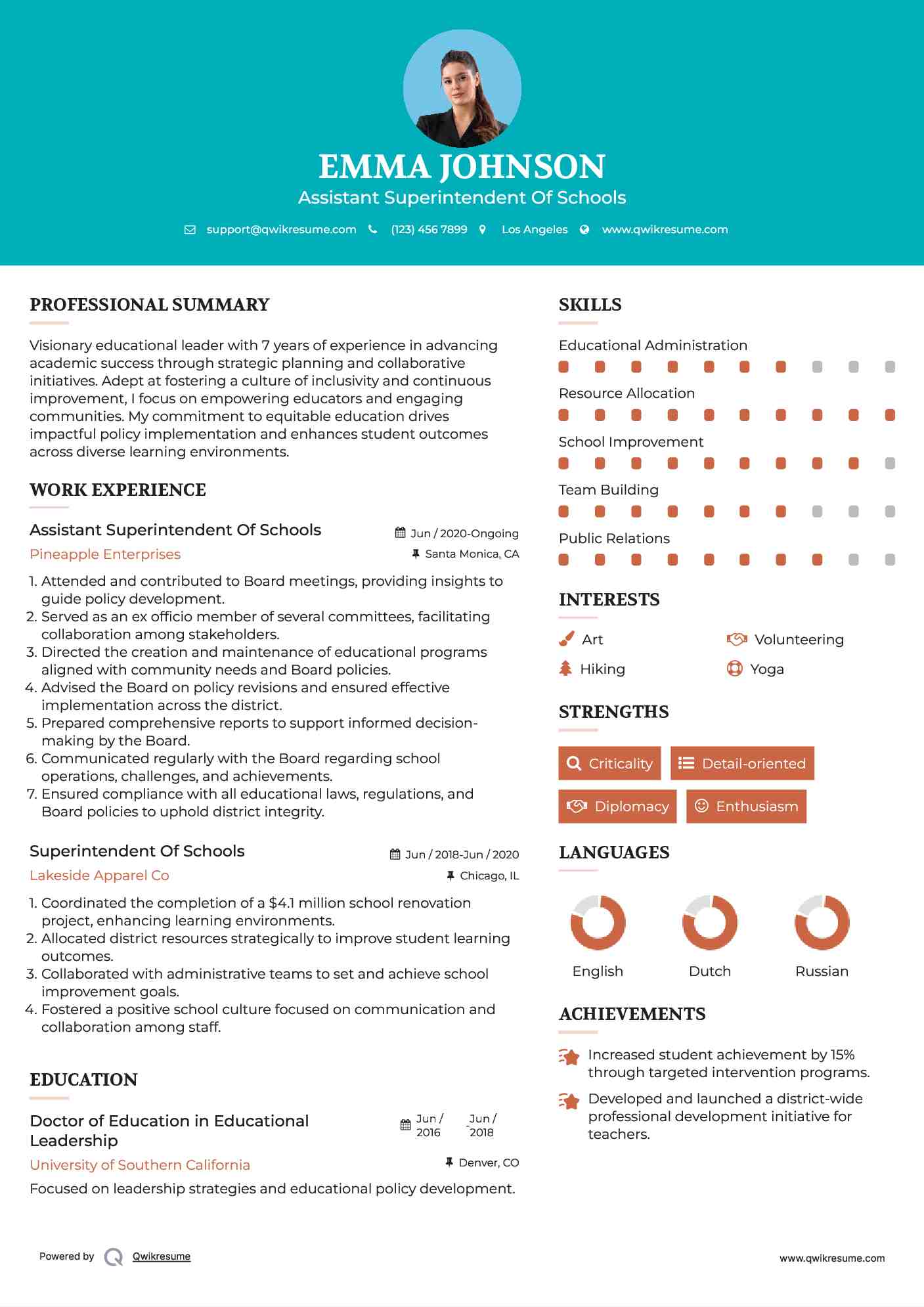 Assistant Superintendent Of Schools Resume Template
