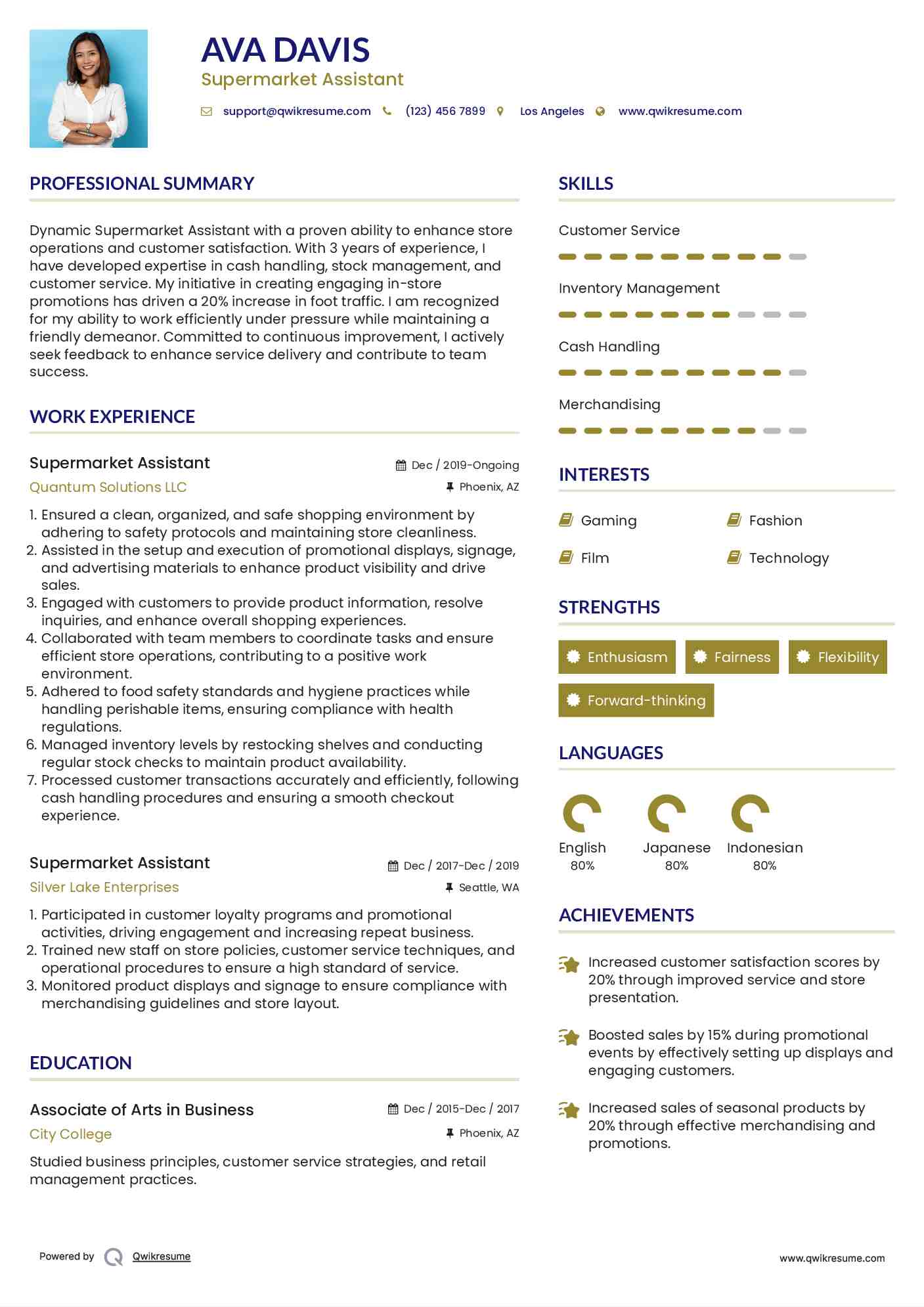 Supermarket Assistant Resume Sample