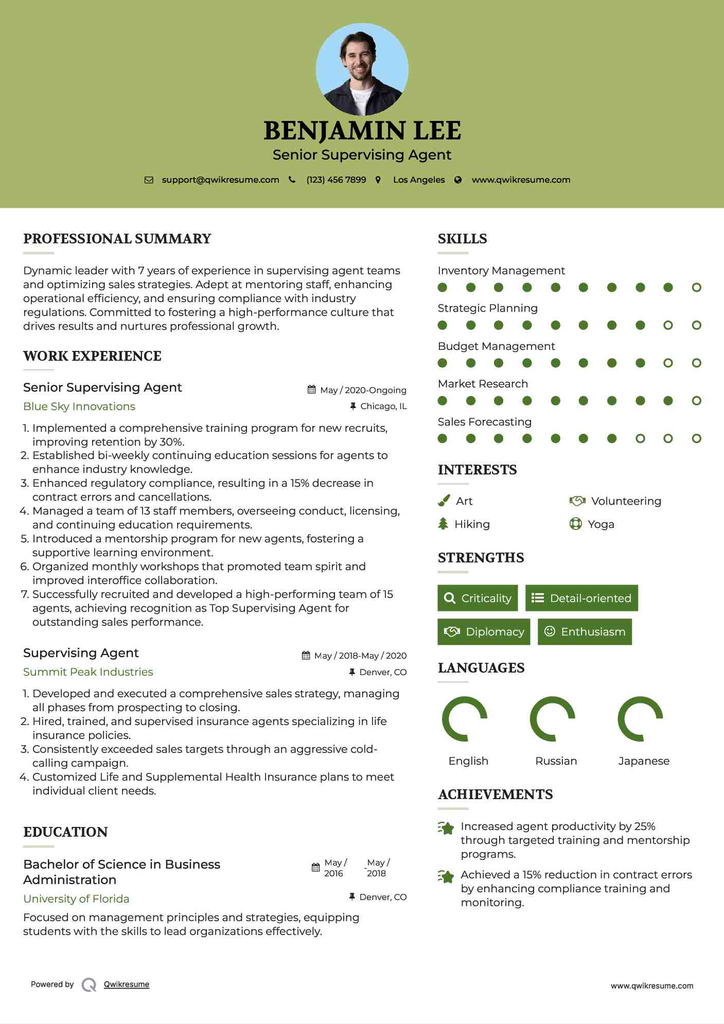 Senior Supervising Agent Resume Example