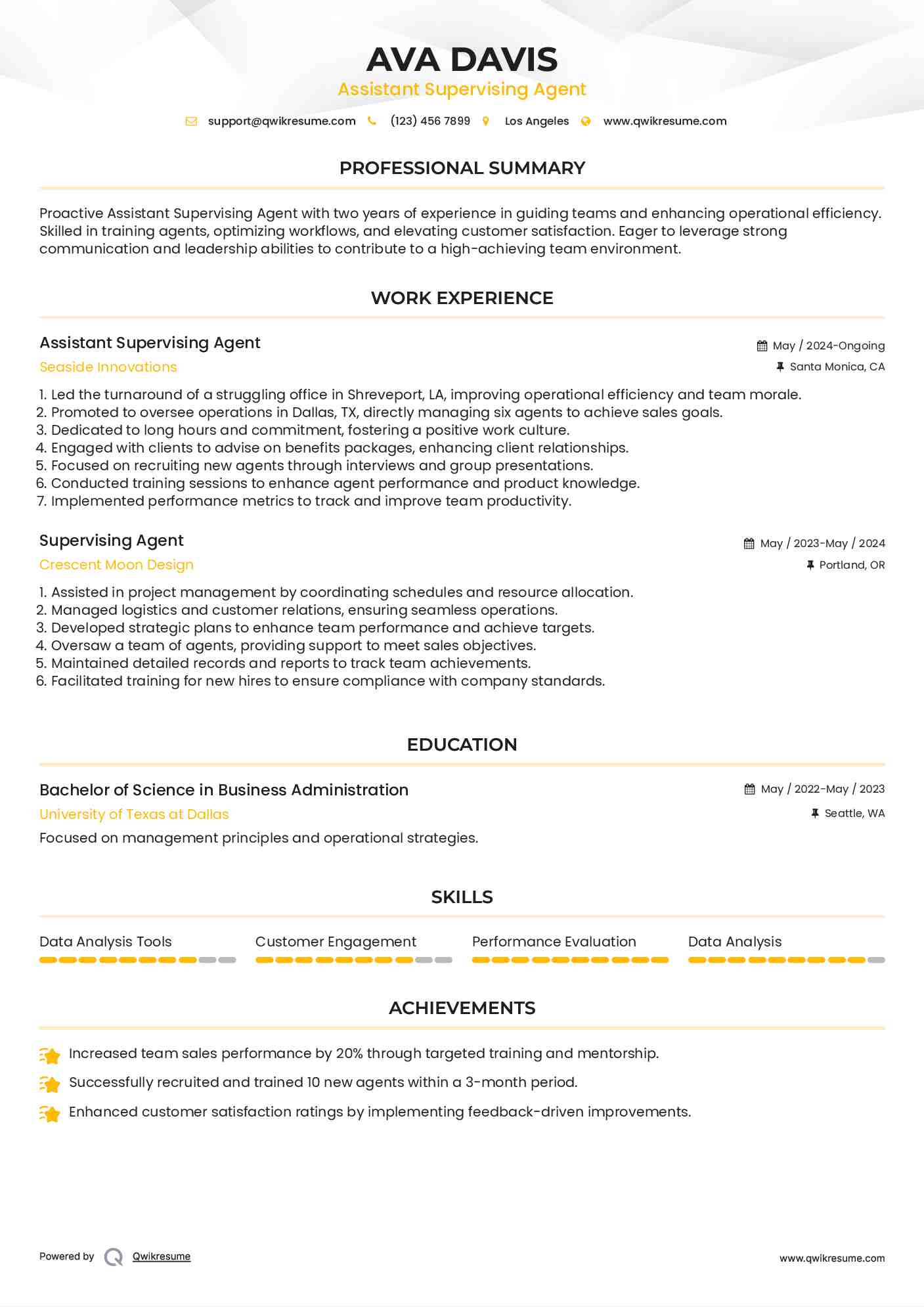 Assistant Supervising Agent  Resume Model