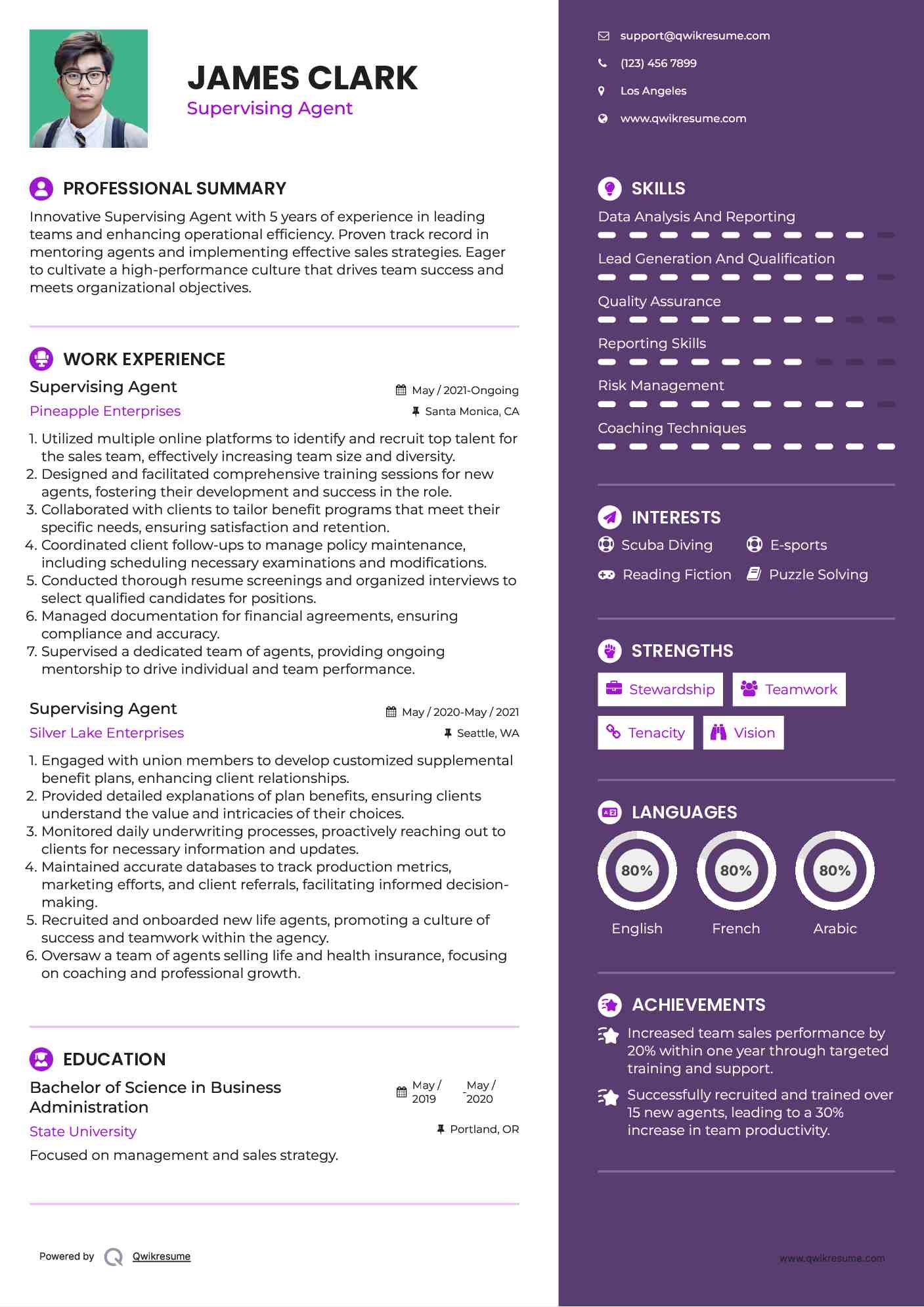 Supervising Agent Resume Sample