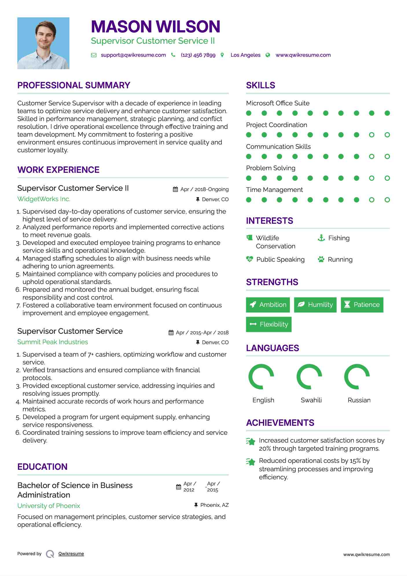 Supervisor Customer Service II Resume Model