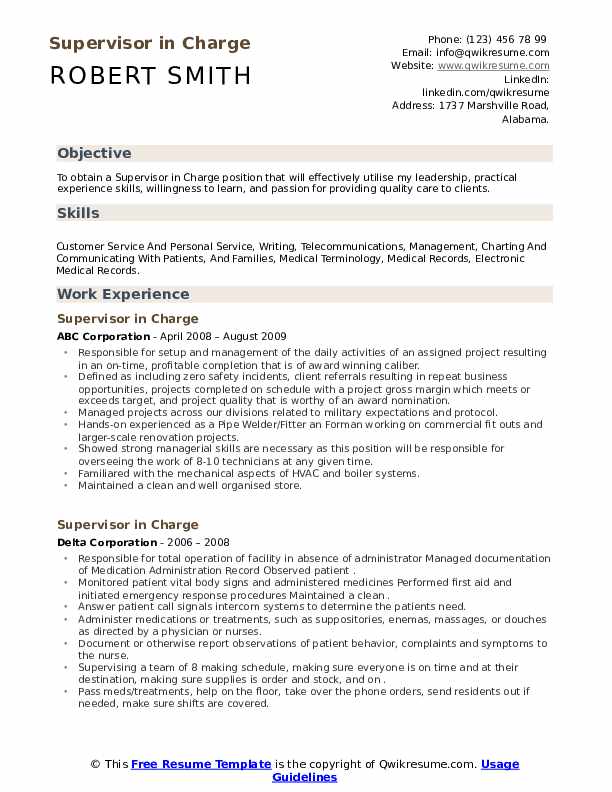 Supervisor in Charge Resume Samples QwikResume