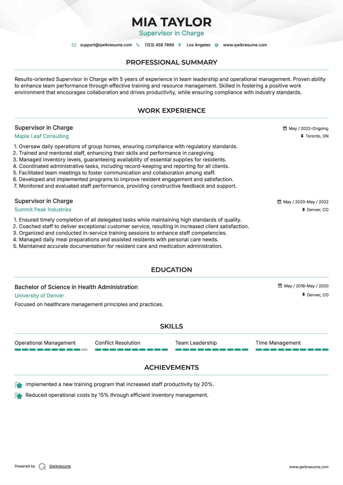 Supervisor in Charge Resume Format