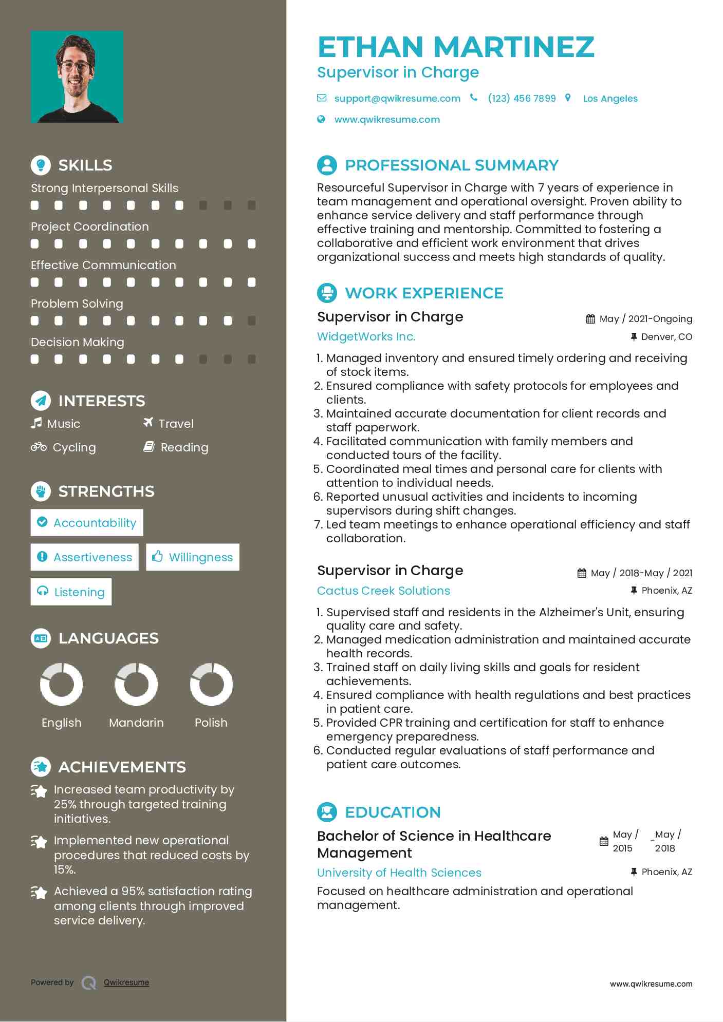 Supervisor in Charge Resume Example