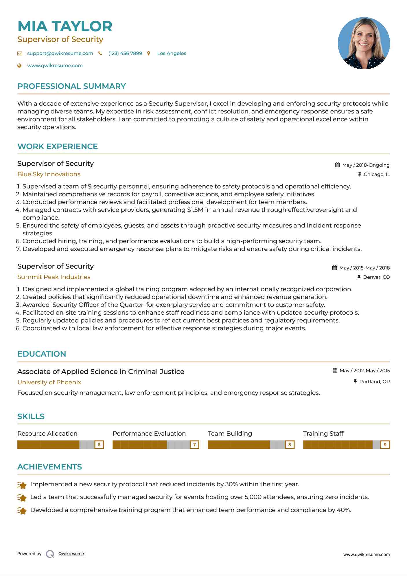 Supervisor of Security Resume Model