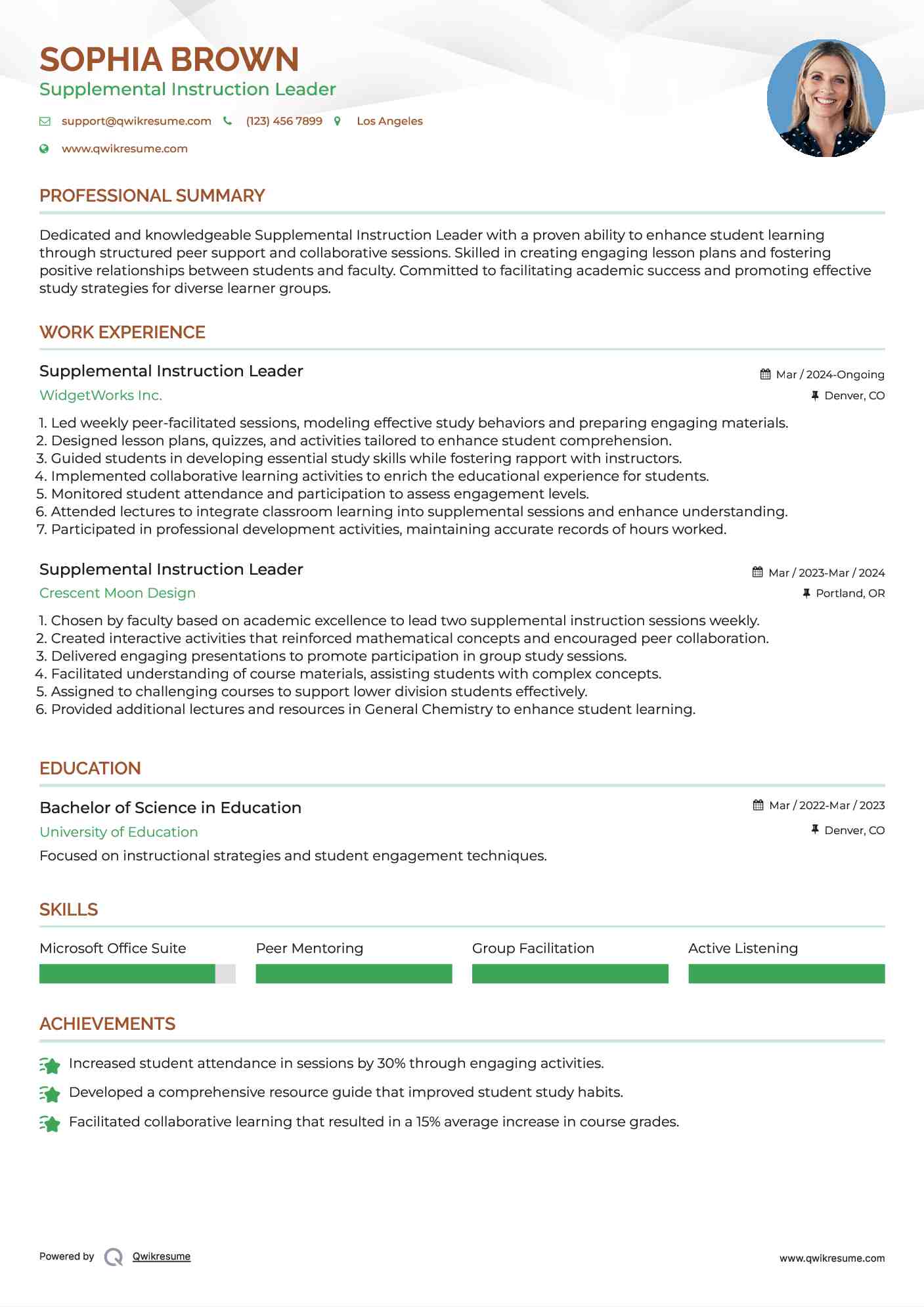 Supplemental Instruction Leader Resume Example