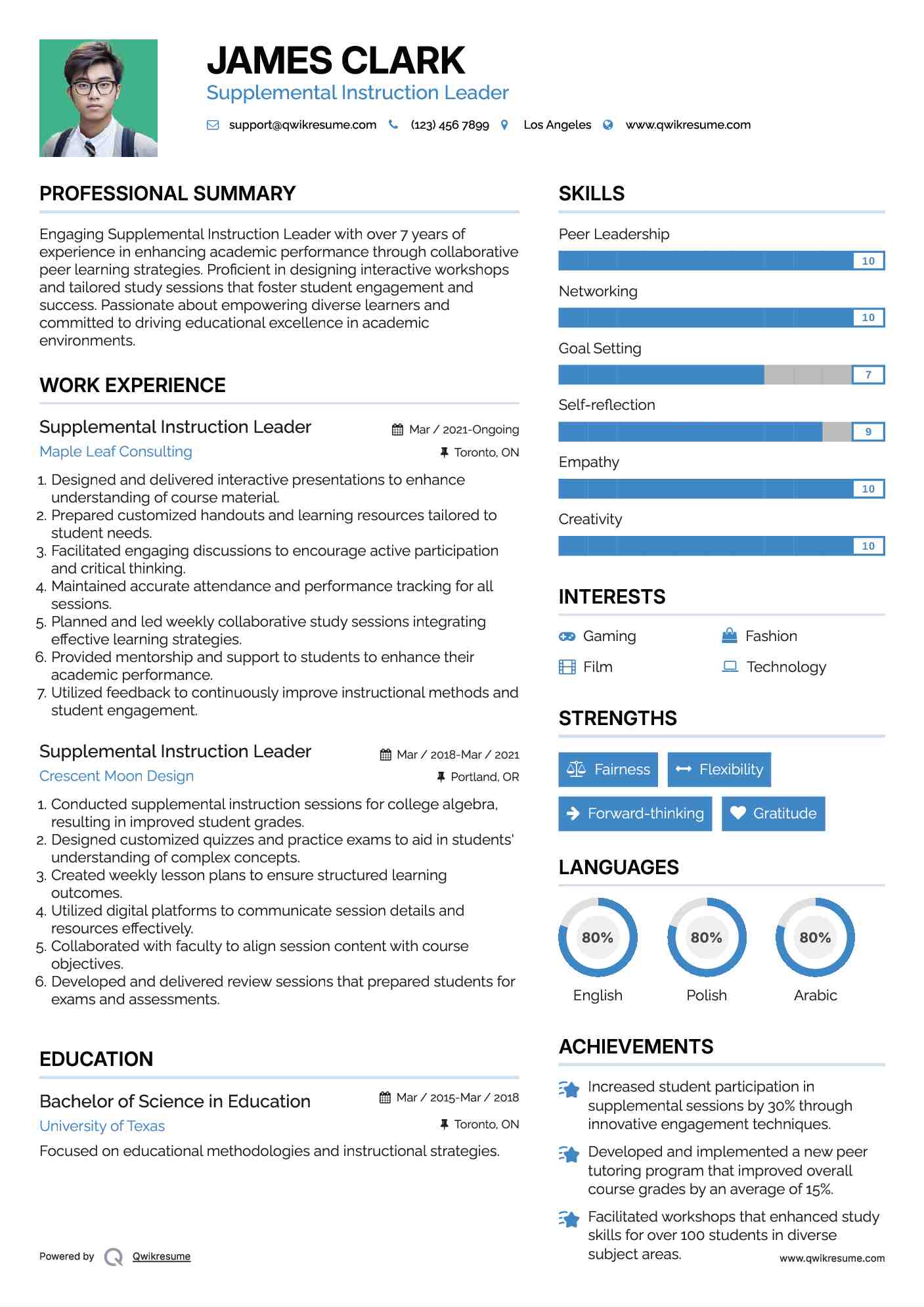 Supplemental Instruction Leader Resume Sample