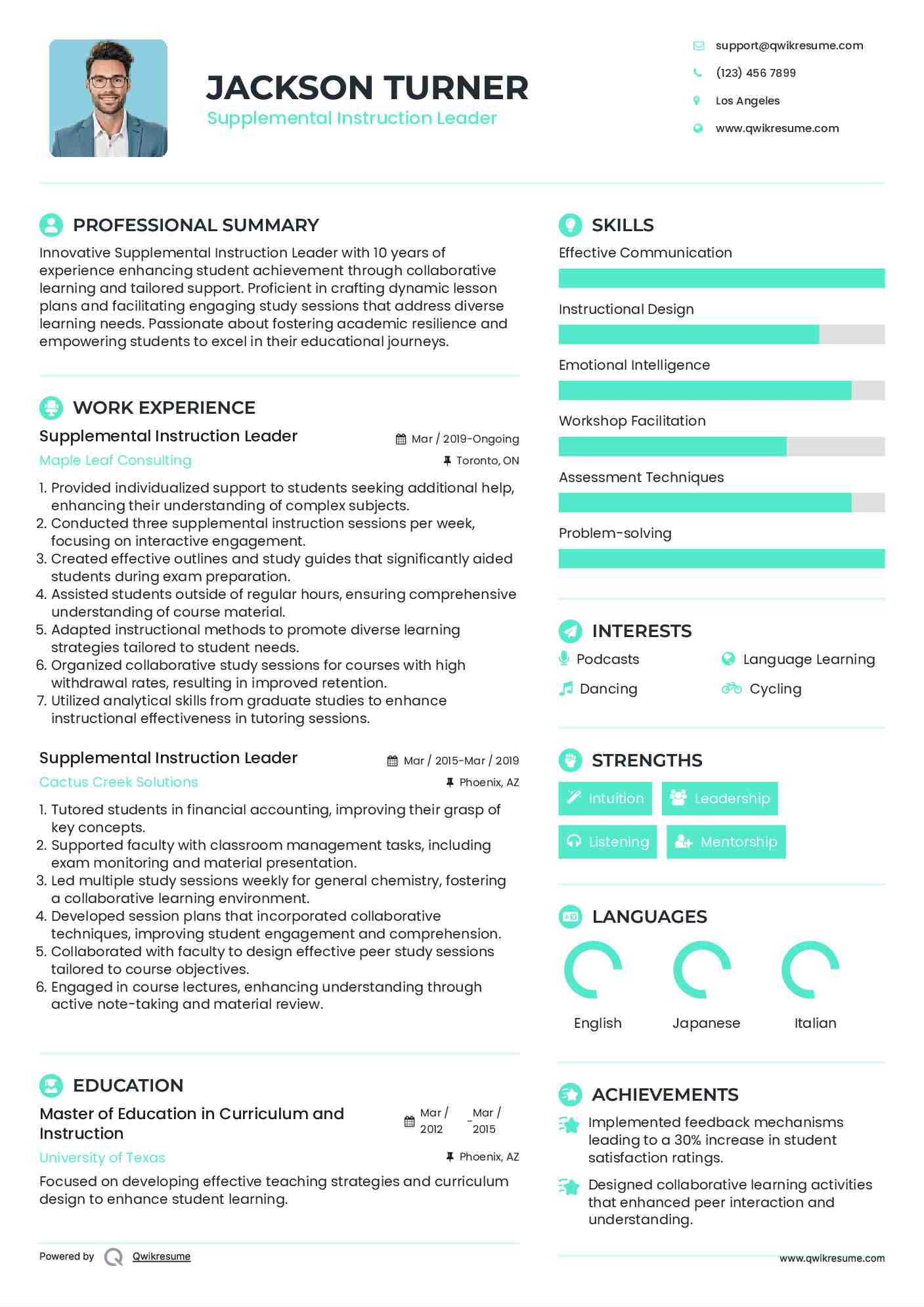 Supplemental Instruction Leader Resume Example