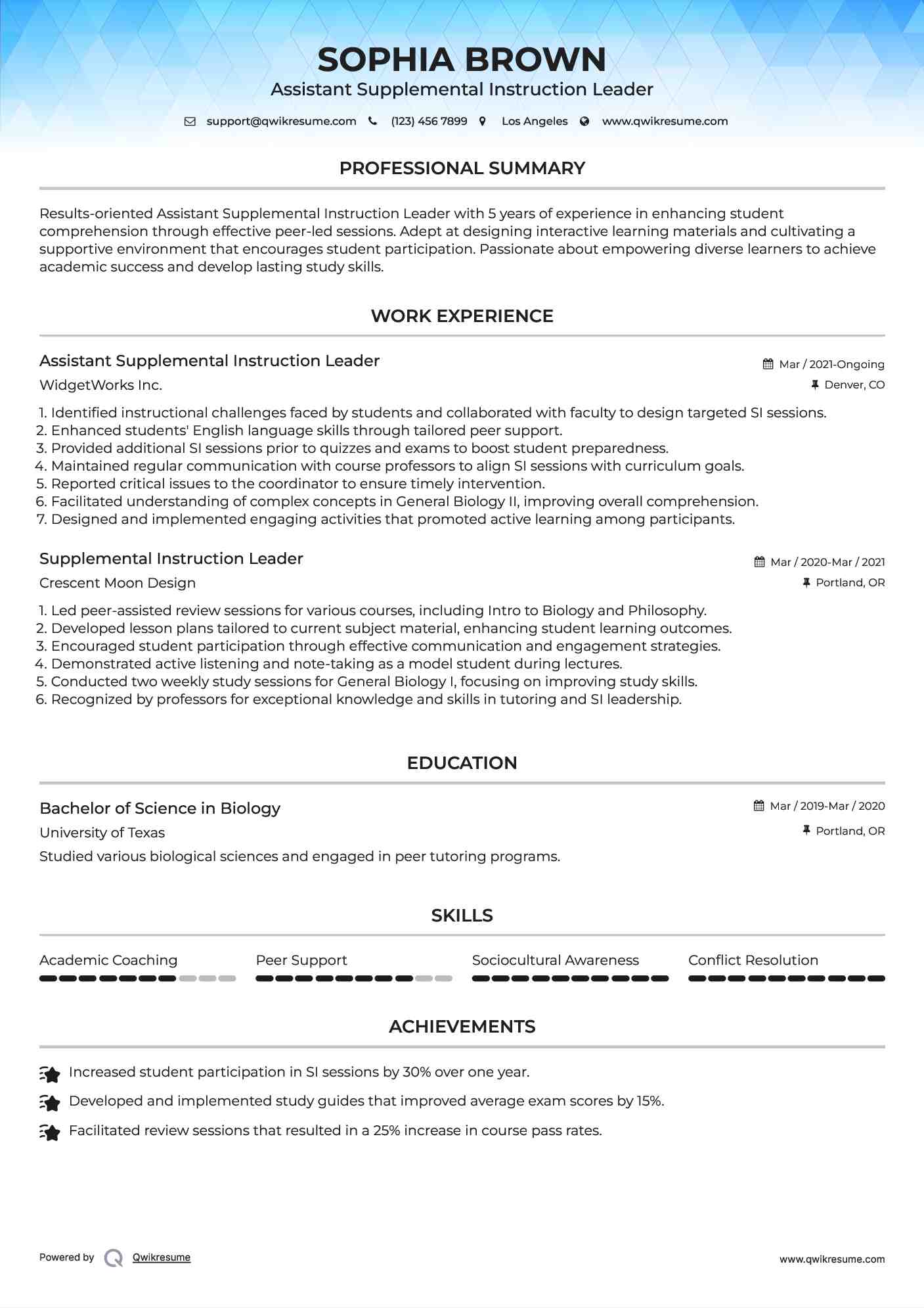 Assistant Supplemental Instruction Leader Resume Example